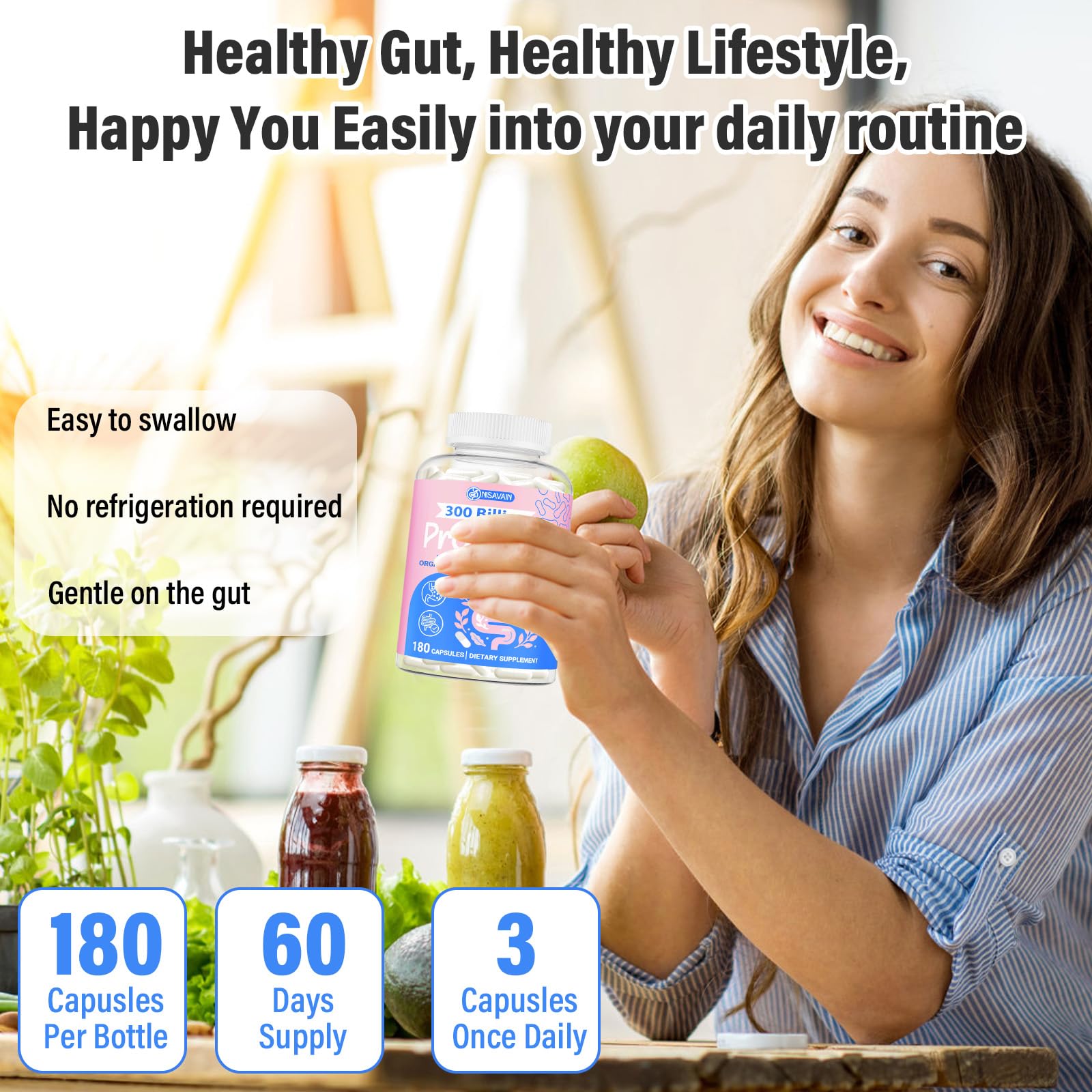 (180 Capsules) Probiotics for Women & Men, 5-in-1 Probiotic, Prebiotic, Postbiotic, Organic Herbs & 16 Digestive Enzymes Blend, 300 Billion CFU, Complete Gut Health, Digestive Health & Immune* Nisavain uk supplements