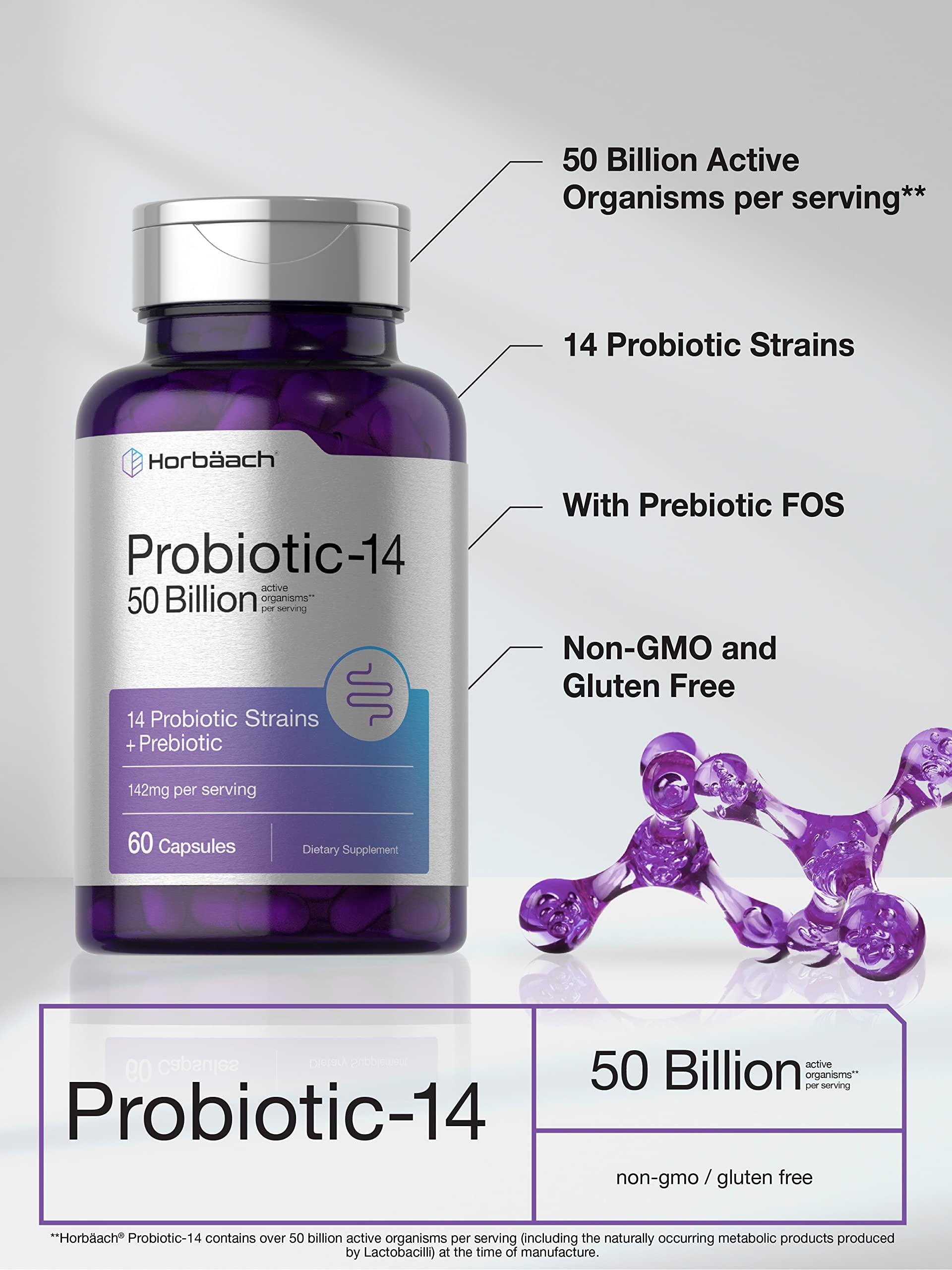Horbäach Probiotics with Prebiotics | 60 Capsules | 50 Billion Active Organisms | Non-GMO Horbäach uk supplements