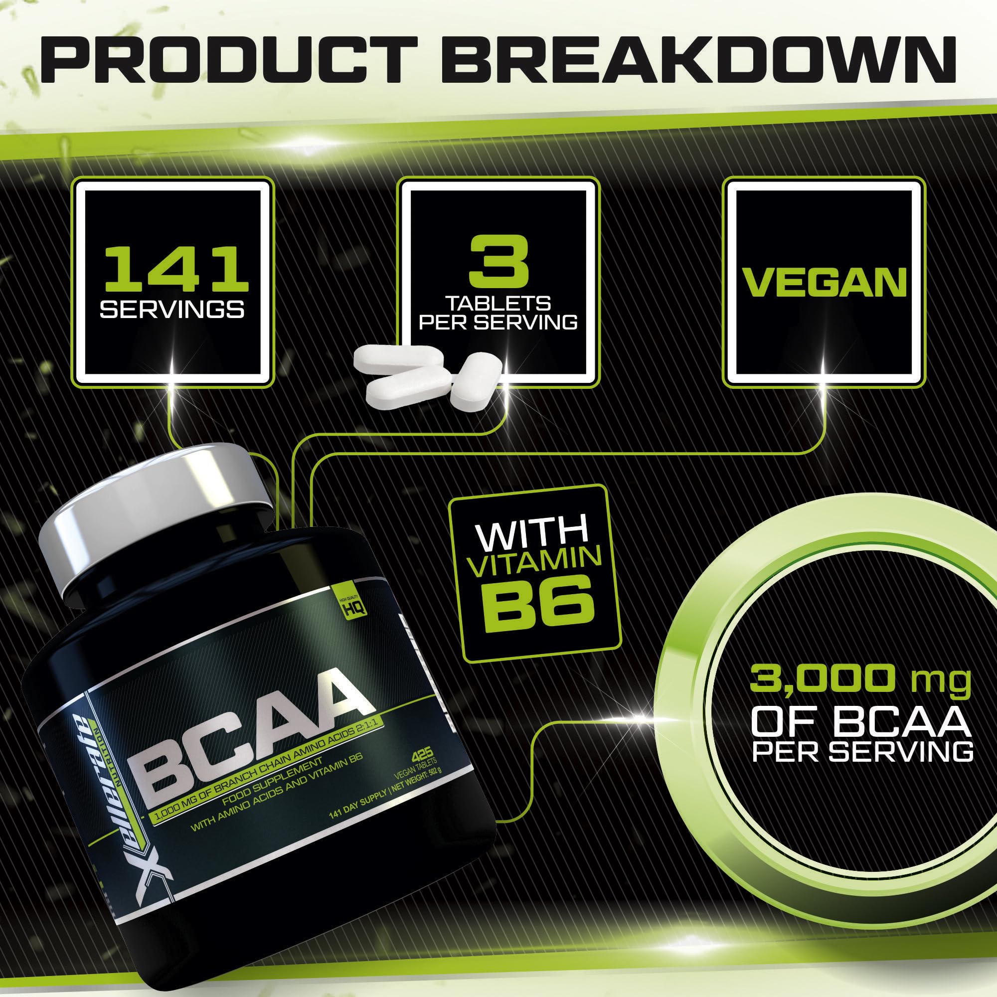 BCAA 1000mg - 425 Vegan Tablets - 3000mg Daily Serving - 141 Day Supply - 2:1:1 BCAAs Xellerate NUTRITION uk supplements