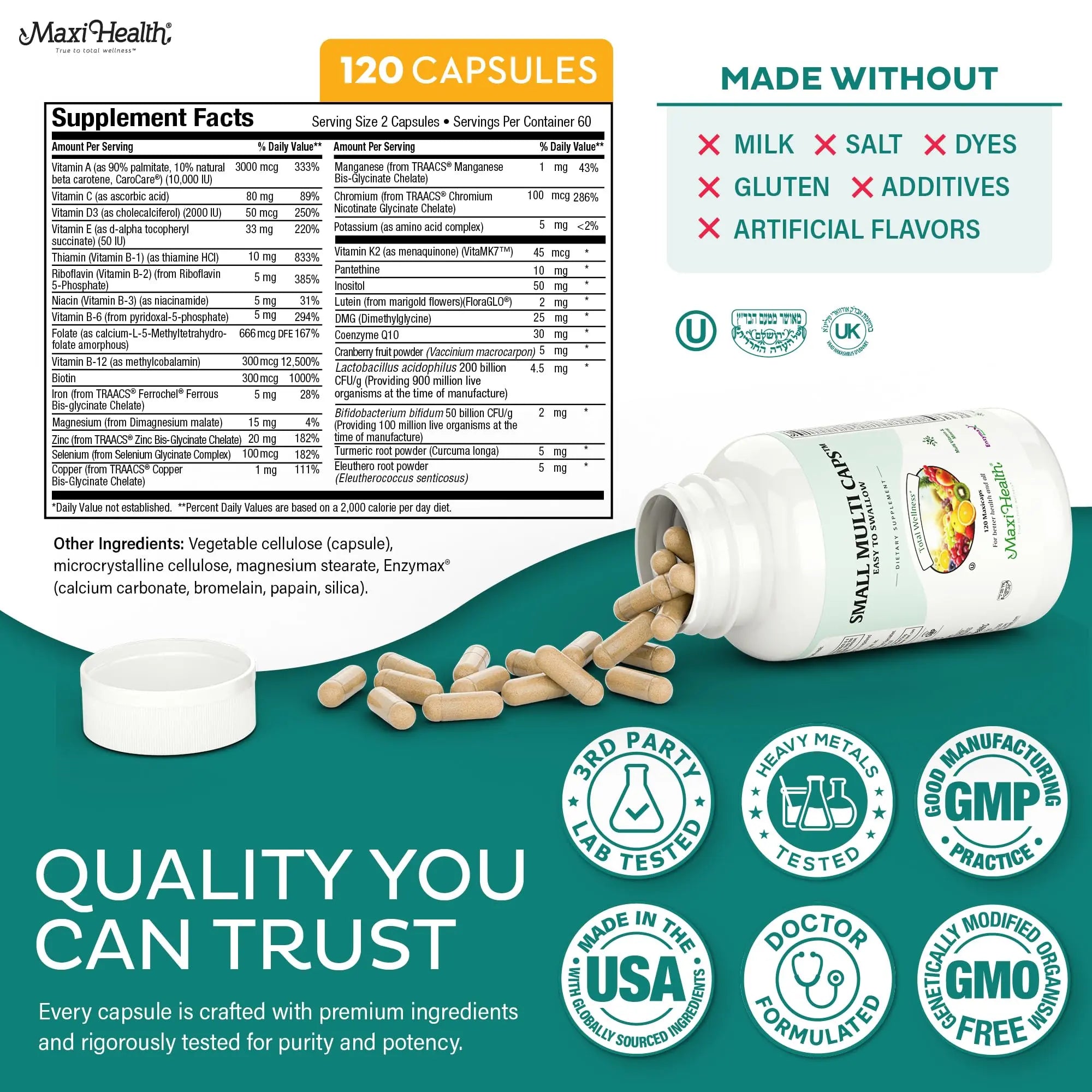 Maxi Health Multivitamin – Easy to Swallow Multi Vitamin Capsules with 30 Nutrients, Iron & Probiotics – Kosher Daily Multivitamins Small Capsules Maxi Health uk supplements