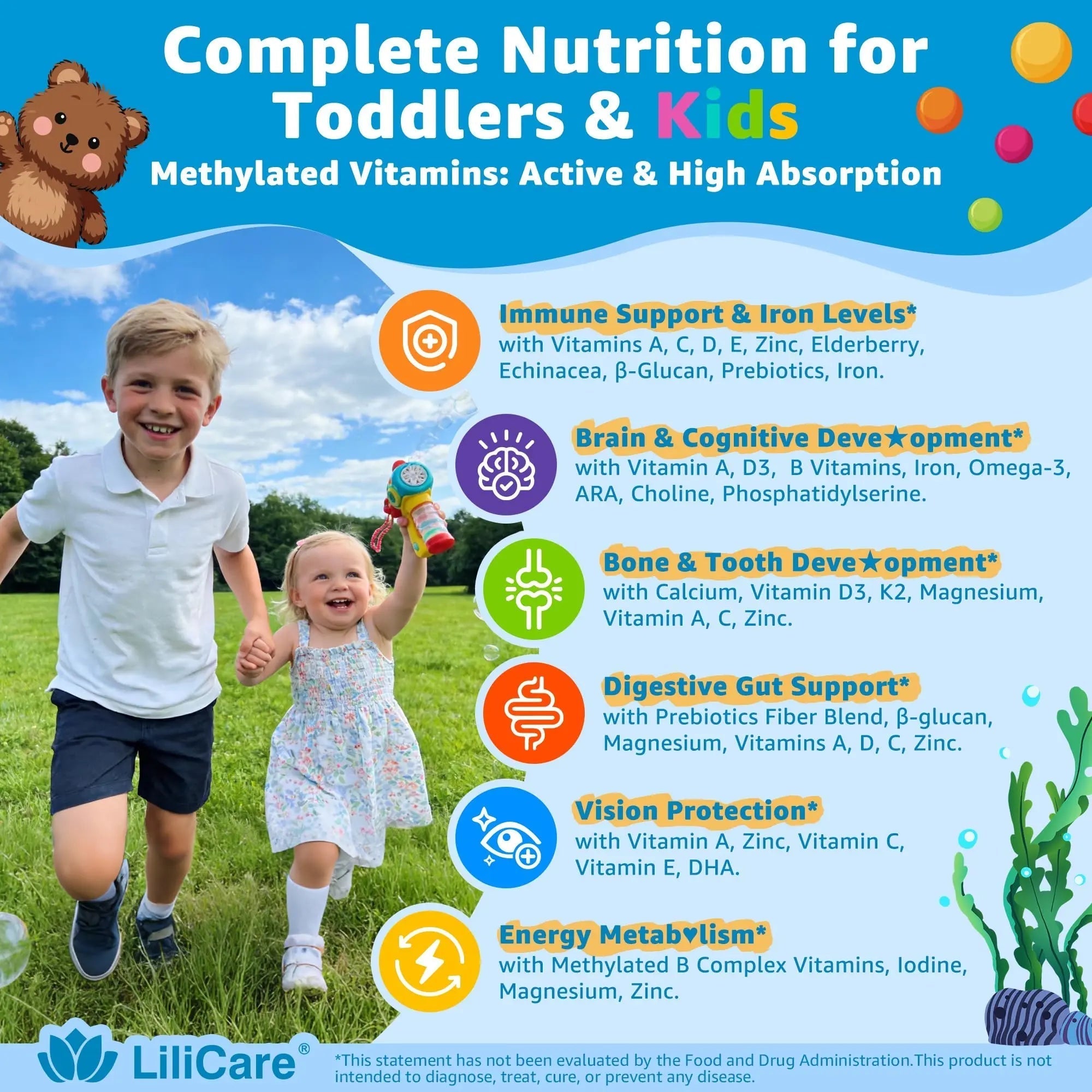 Toddler Multivitamin Gummies with Iron, Omega-3, ARA, Calcium, Prebiotic | Methylated Vitamins for Kids Ages 2+ | Overall Support | LILICARE uk supplements
