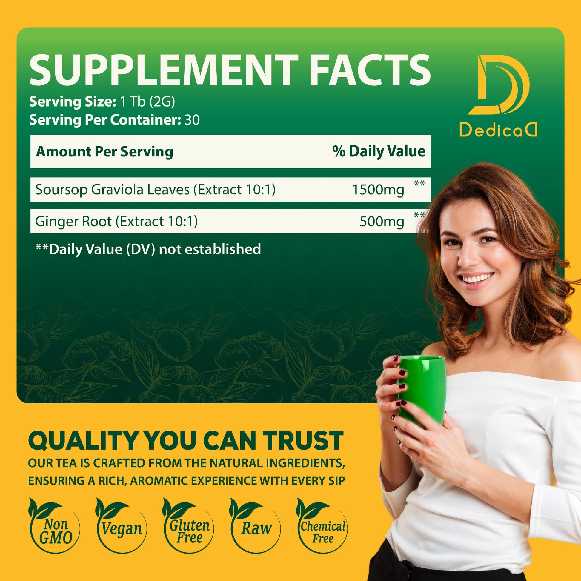DEDICAD Soursop Leaves Tea Bags with Ginger, 30 Tea bags, 2gr/bag - Non-GMO/Caffeine free - Support Digestion, Well Skin, Immune System DEDICAD uk supplements