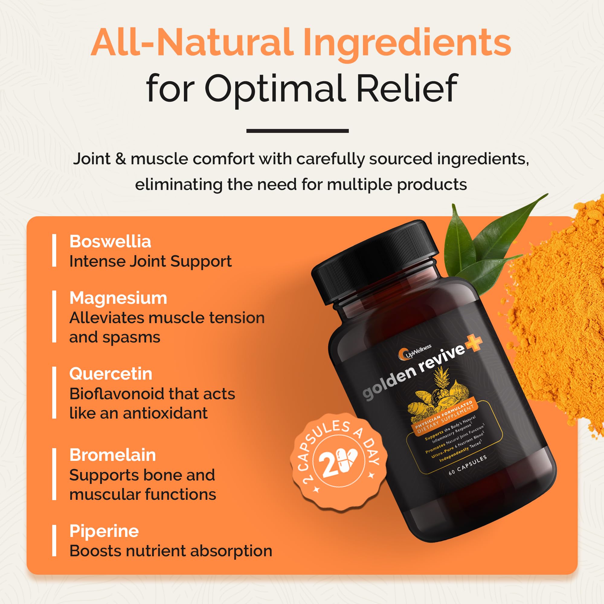 UpWellness Golden Revive + Joint Support Supplement Featuring Turmeric with Black Pepper, Quercetin, and Magnesium- Turmeric Boswellia Supplement - 6 Active Ingredients - 60 Capsules, 5 Pack UpWellness uk supplements