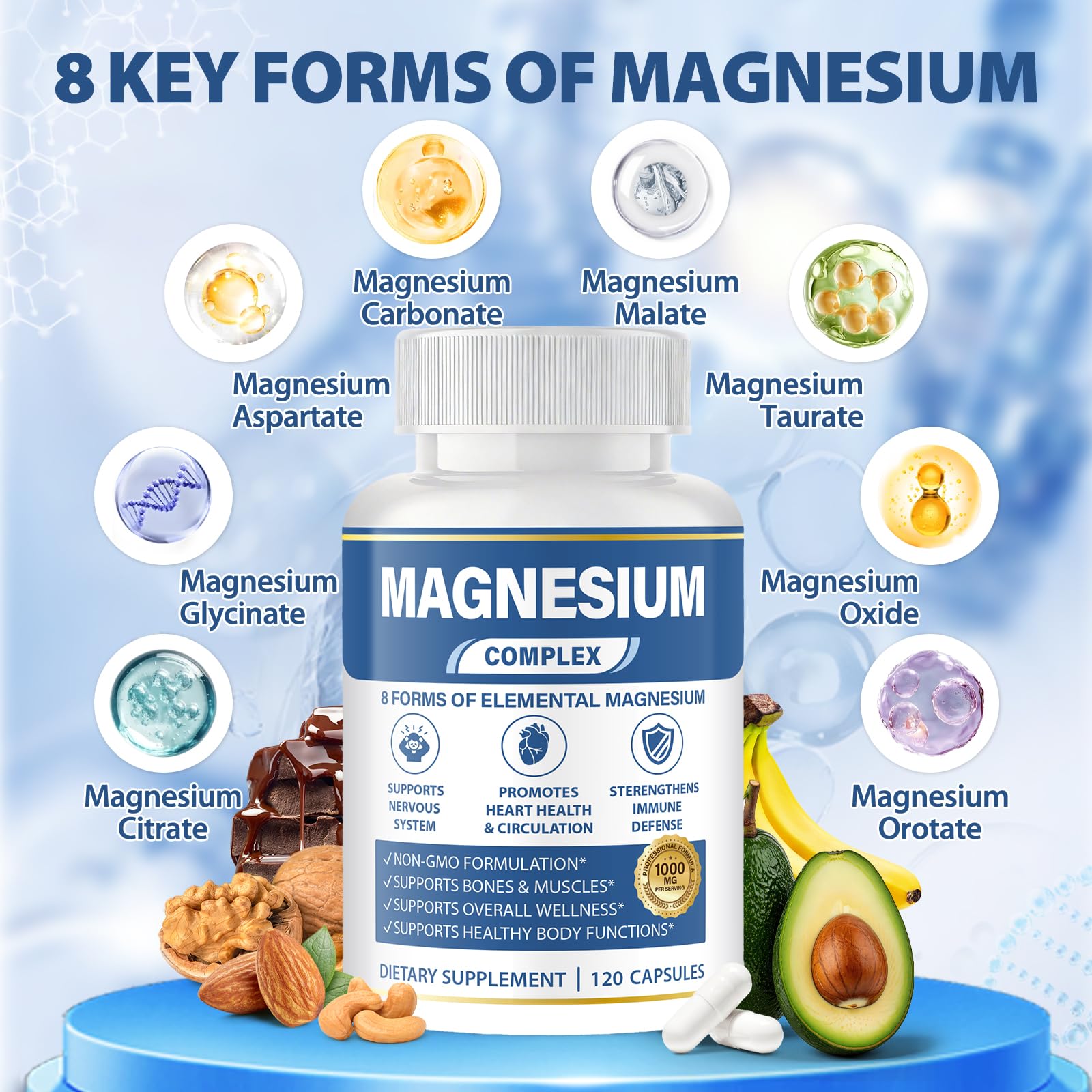 1000mg Magnesium Complex 8 in 1 for Women & Men – Magnesium Glycinate, Citrate, Malate, Taurate, Oxide, Carbonate, Aspartate, Orotate – Vegan Non-GMO, for Sleep, Fatigue & Heart Health, 120 Capsules BOSNETHUINH uk supplements