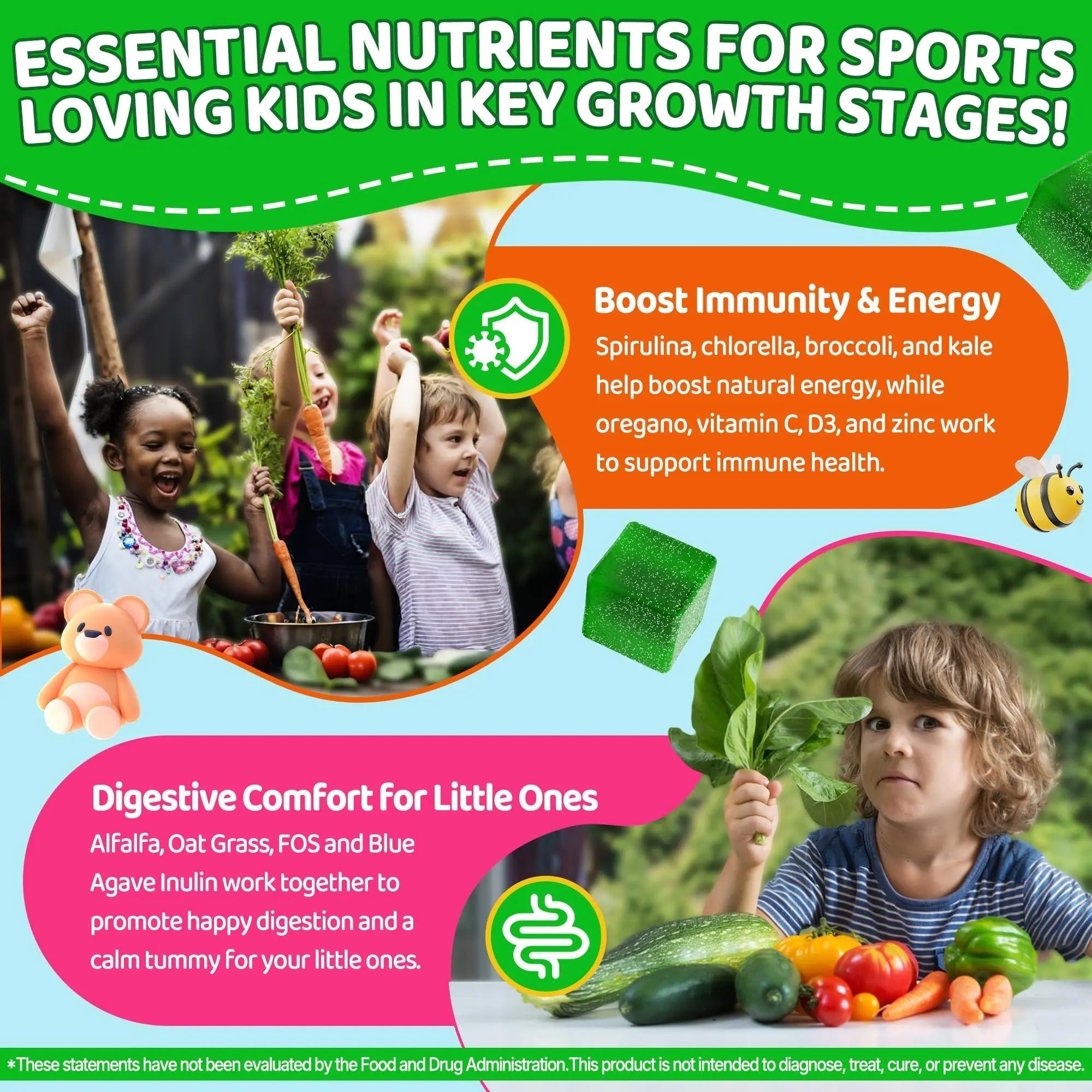 Kids Super Greens Gummies, w/Multivitamins, Spirulina, Chlorella, Spinach, Broccoli, Calcium, Omega-3 (DHA/EPA) EnvyCure uk supplements