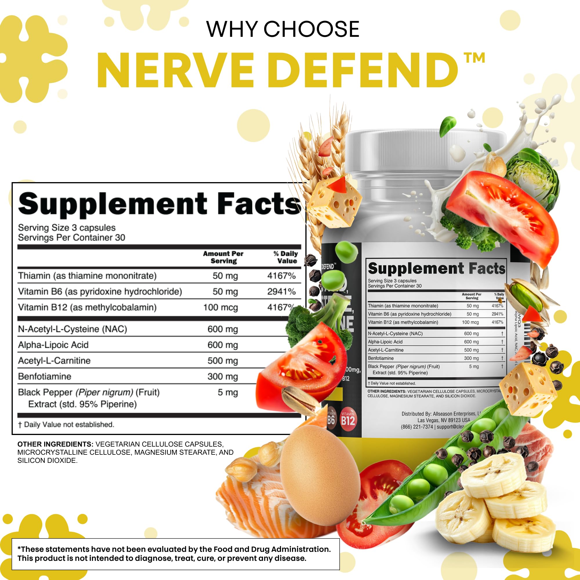 Alpha Lipoic Acid 600mg N-Acetyl Cysteine 600mg Acetyl L-Carnitine 500mg Benfotiamine 300mg - Nerve Support Supplement for Women and Men with Vitamin B1 B6 & B12 - Made in USA 90 Caps Clean Nutraceuticals uk supplements