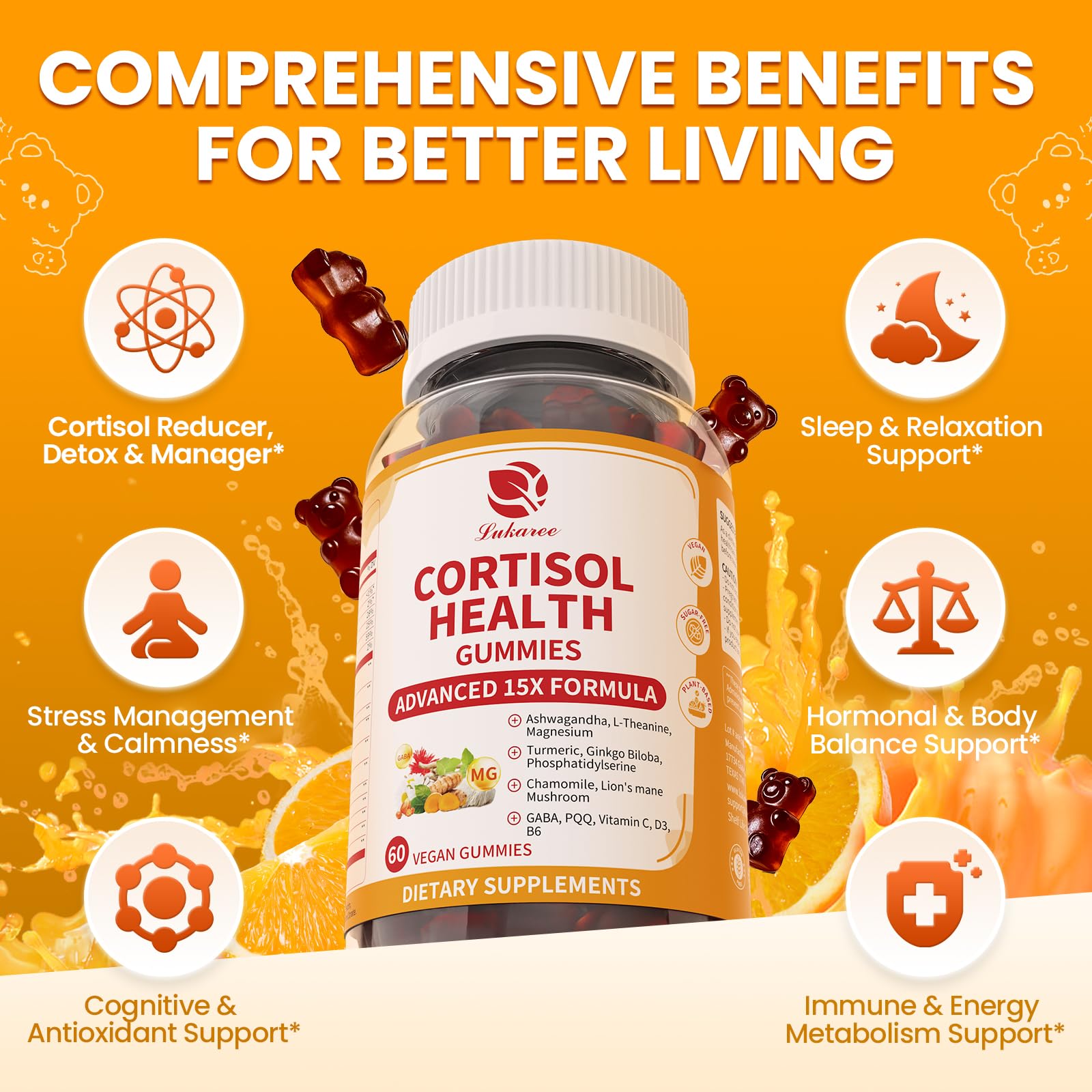 Lukaree Cortisol Supplements for Women & Men, 15 in 1 Cortisol Reducer Manager, Cortisol Calm Gummies with Ashwagandha, Magnesium, L-theanine, GABA - for Mood, Focus, Sleep - Vegan Sugar Free, 60 Ct. Lukaree uk supplements