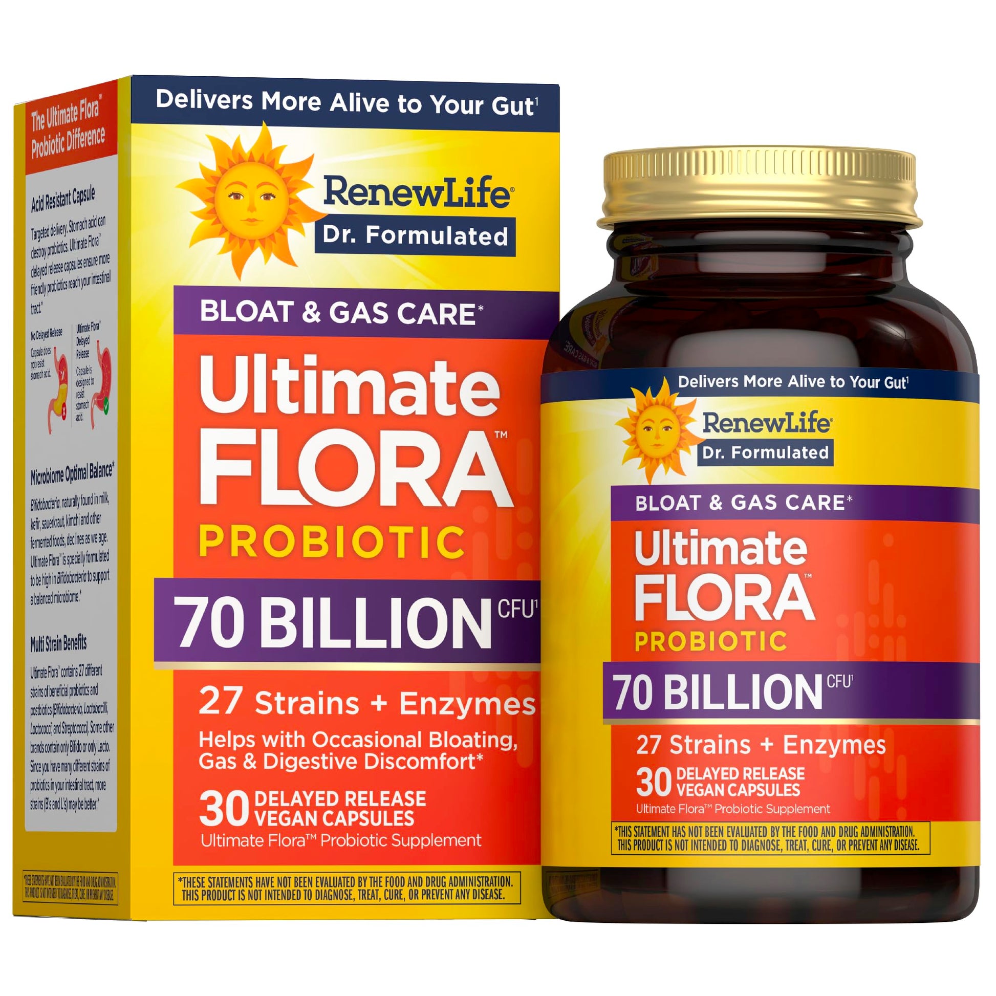 Renew Life Ultimate Flora Probiotics Bloat & Gas Support 70 Billion CFU Delayed Release Vegan Capsules | Doctor Formulated | Digestive Health | Immune Health | Dairy Free | 30 Count Renew Life uk supplements