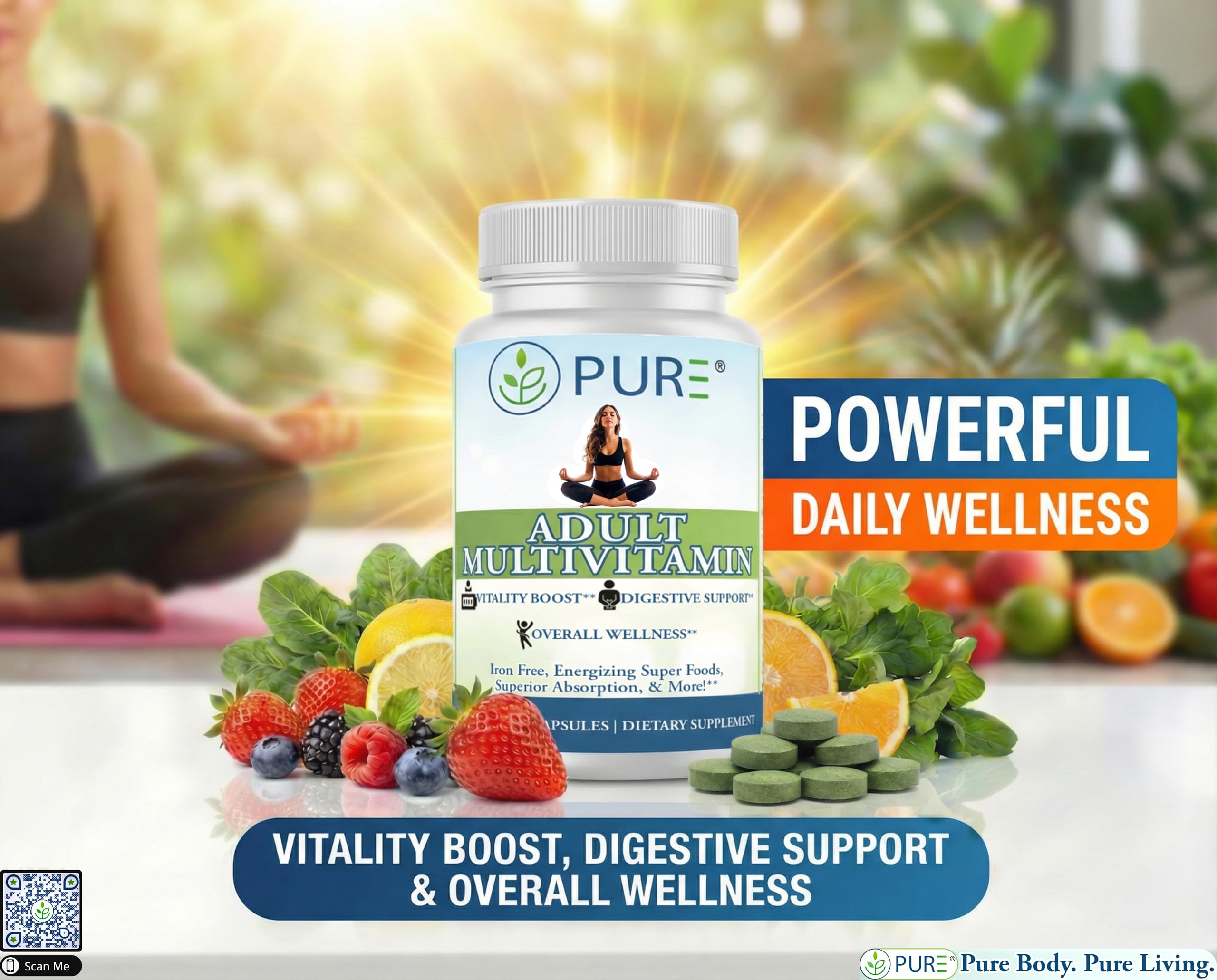 PURE Adult Multivitamin with Vitamins A, C, D3, B12, Minerals, Digestive Enzymes, 90 Capsules, 30 Servings PURE uk supplements