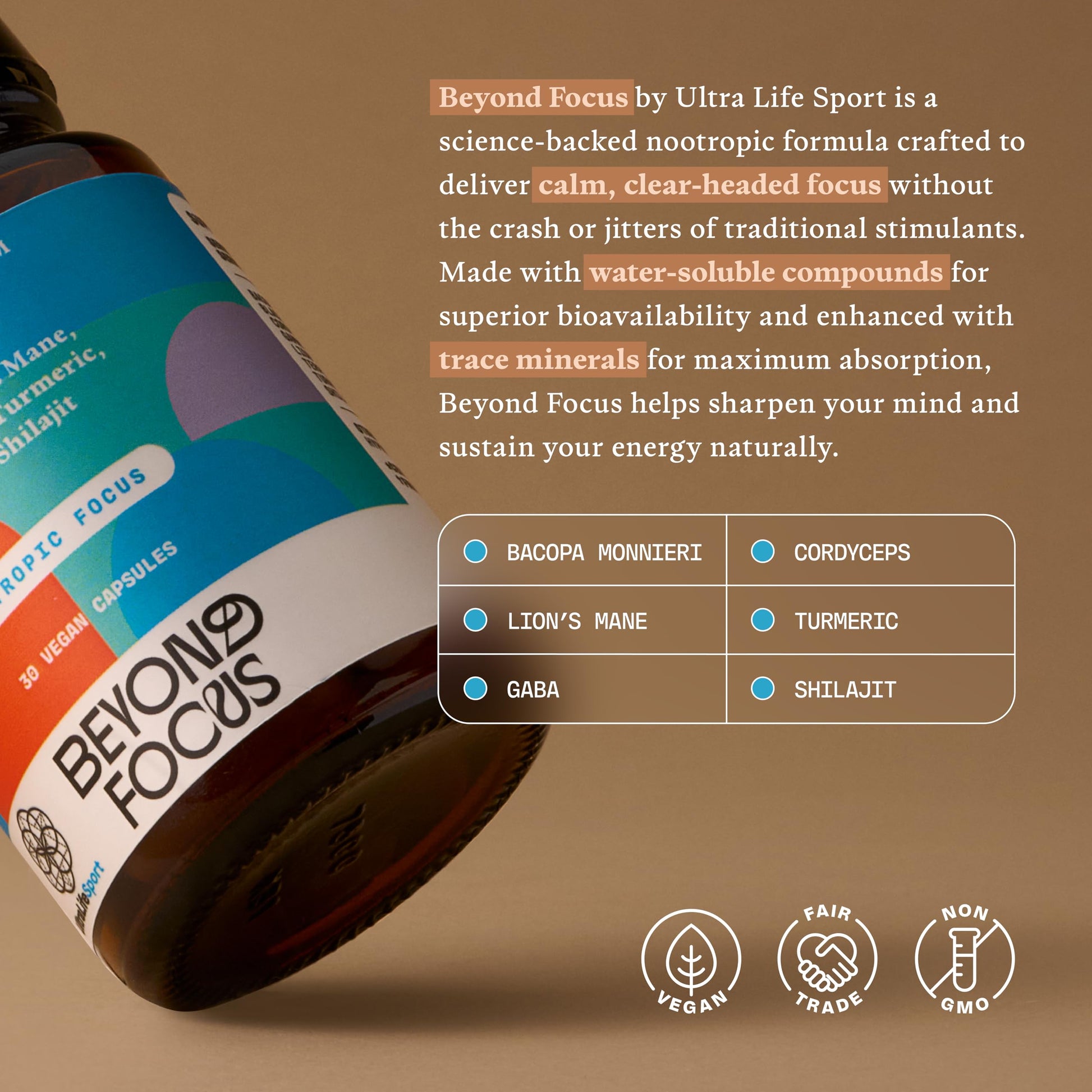 Ultra Life Sport - Beyond Focus Organic Mushroom Supplement - 30 Capsule Brain Supplements for Memory and Focus - 100% Vegan, Non-GMO - Memory Booster with Bacopa, Cordyceps, & Lion’s Mane Ultra Life Sport uk supplements