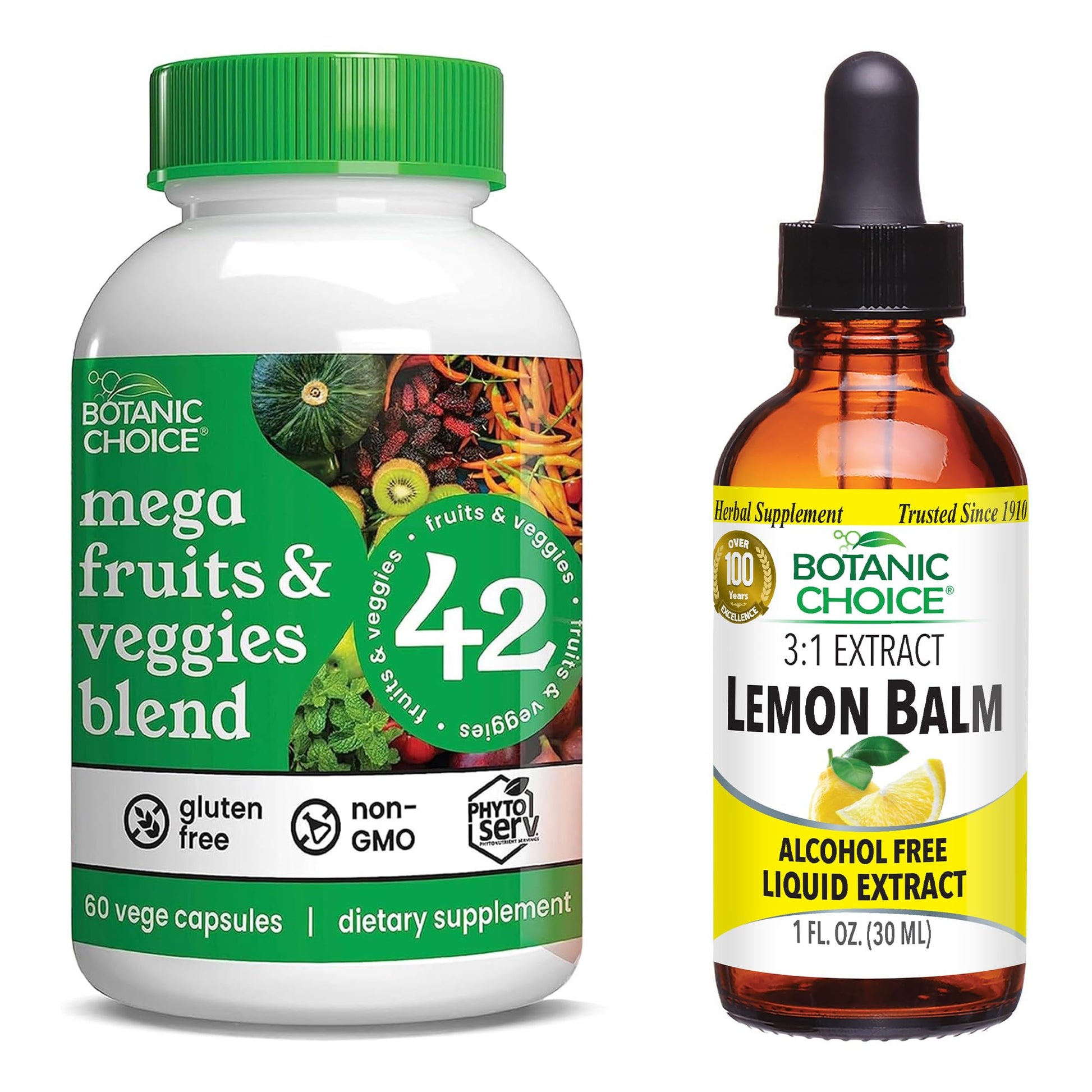 Botanic Choice Mega Fruits and Veggies Blend (60 Capsules) + Lemon Balm Tincture (1 fl oz) Bundle - Energy Balance & Superfood Supplement + Relaxation and Sleep Support Botanic Choice uk supplements