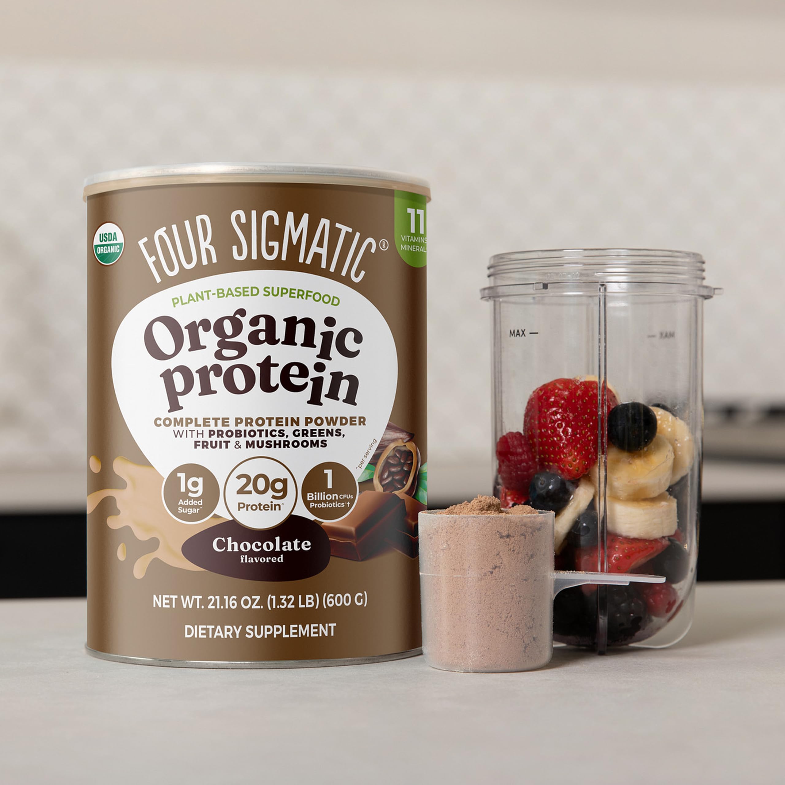 Four Sigmatic Organic Plant-Based Protein Powder | Clean Vegan Protein Elevated with Lion’s Mane, Chaga, Cordyceps and More for Brain Function and Immune Support | Creamy Cacao, 21.16 oz Four Sigmatic uk supplements
