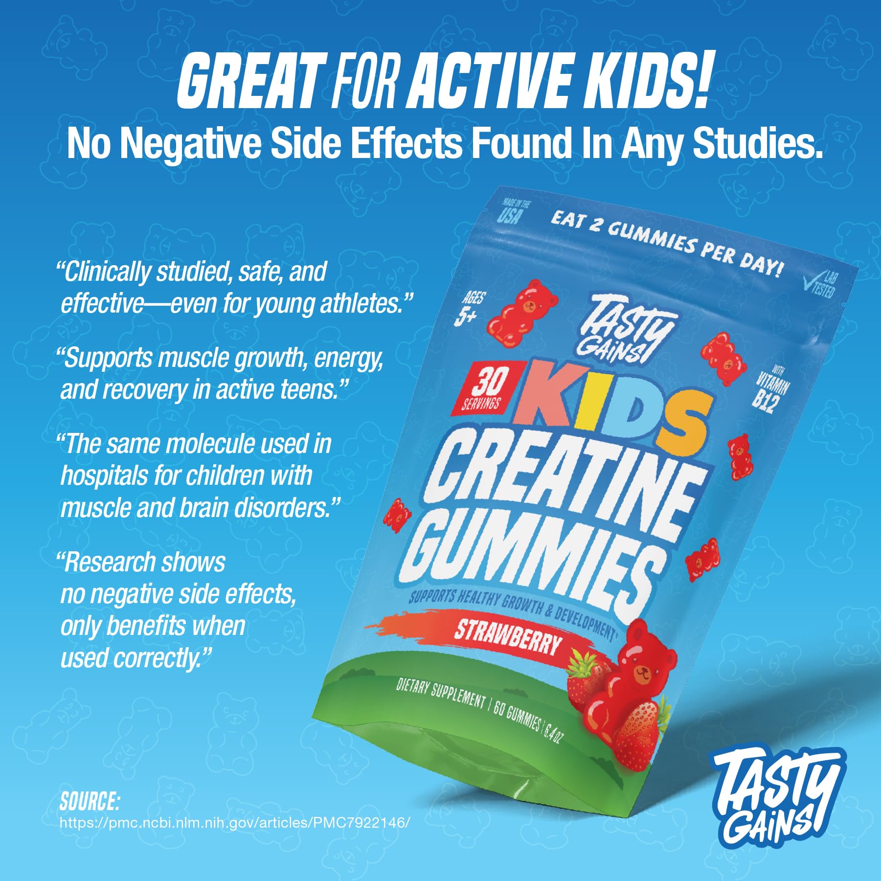 TASTY GAINS Kids & Teen Creatine Gummies with Vitamin B12 for Growth Support, Easy Chew Daily Supplement, Gummy Vitamins for Kids and Teens, Ages 5+ TASTY GAINS uk supplements