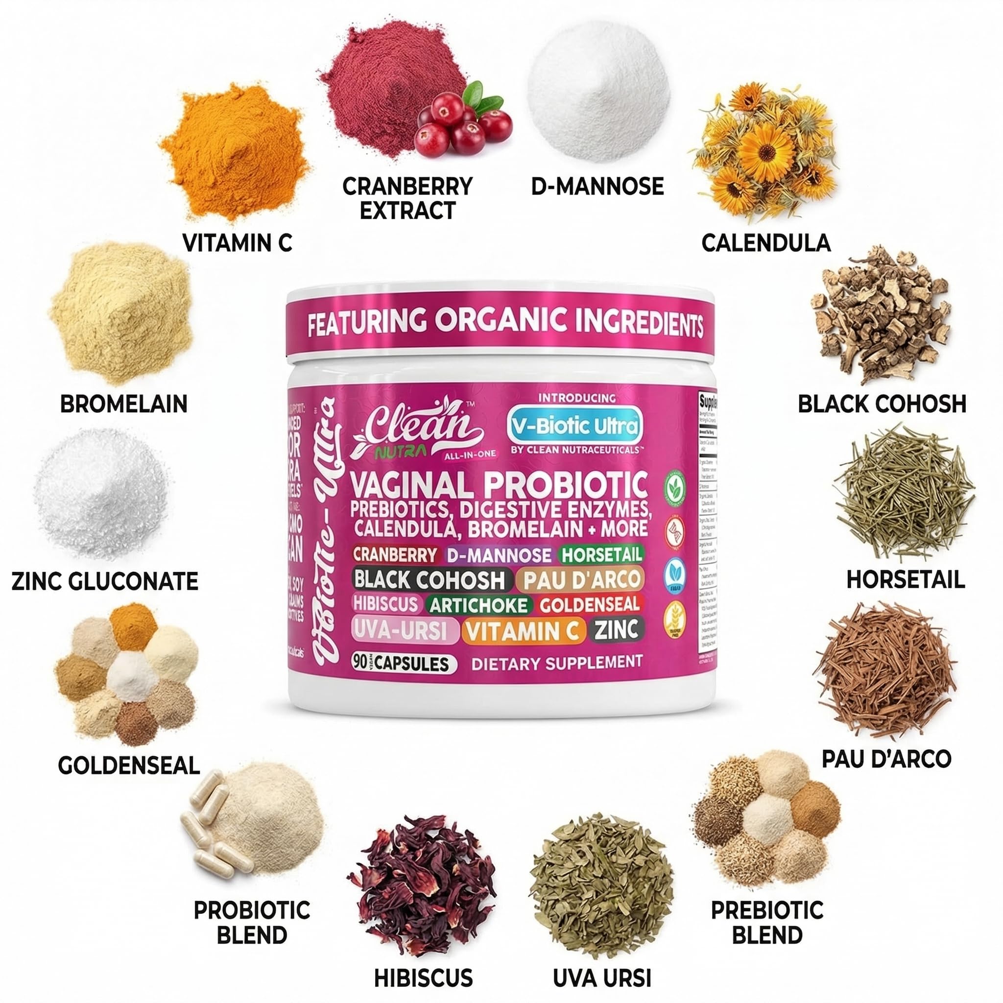 Clean Nutra Vaginal Probiotics for Women + Prebiotics Digestive Enzymes Bromelain Cranberry D Mannose Horsetail Black Cohosh Artichoke Hibiscus Flowers Probiotic for Digestive Health 90 Vegan Capsules Clean Nutraceuticals uk supplements