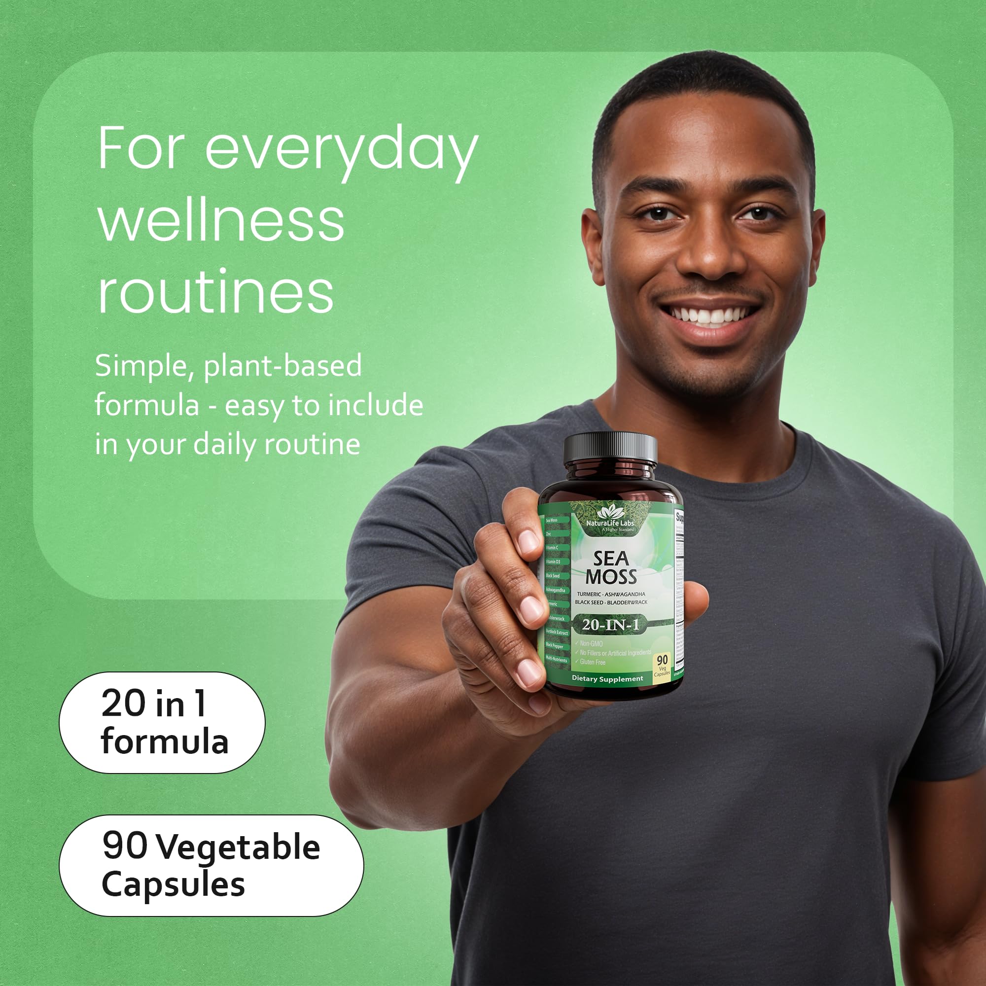 Sea Moss, Black Seed Oil, Bladderwrack, Turmeric, Ashwagandha, Burdock, Vitamin C, D3, Yellow Dock Root, Manuka, Dandelion - 90 Veggie caps NaturaLife Labs uk supplements