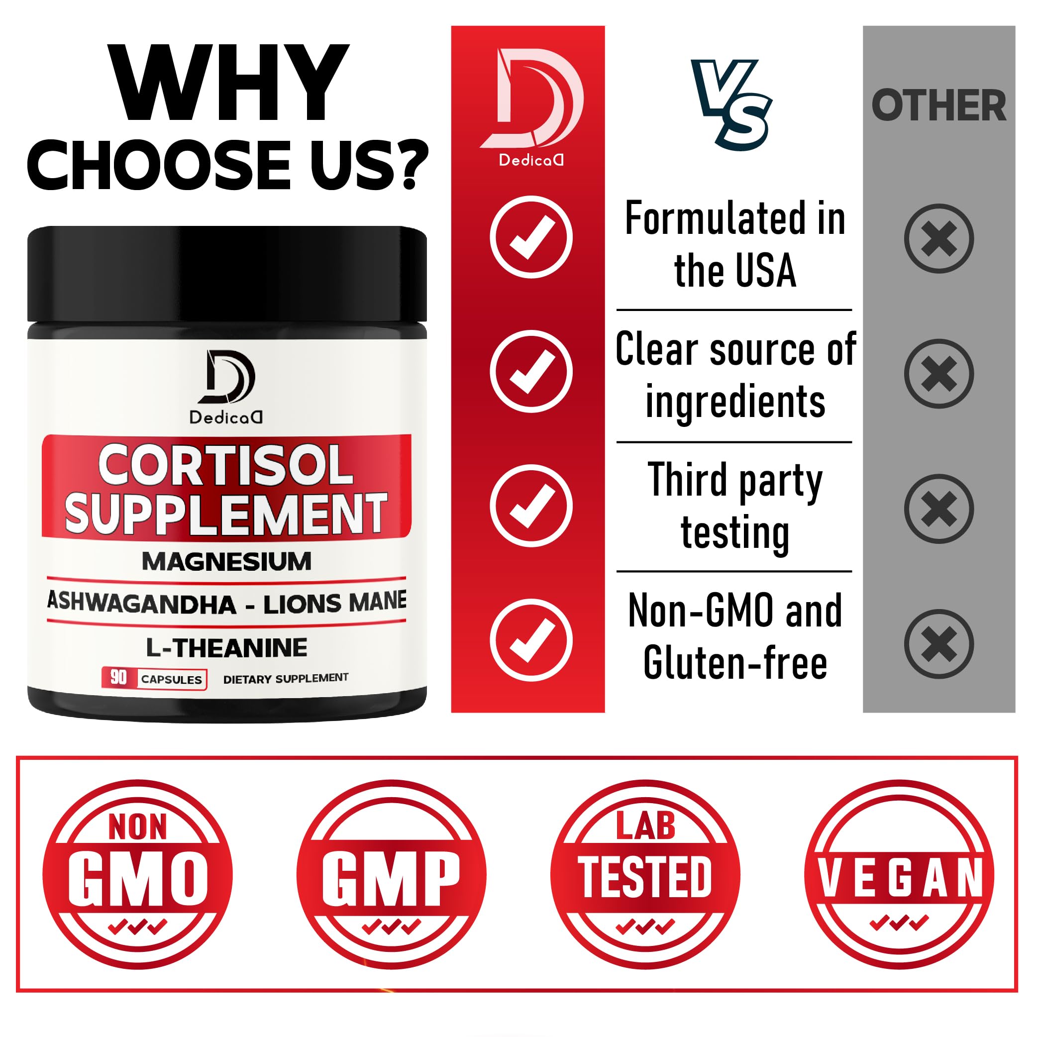 DEDICAD 9in1 Cortisol Supplement - Ashwagandha and Magnesium Glycinate and Chelate - Brain Health & Restful Night & Mood Balance - 90 Capsules Supply 45 Days DEDICAD uk supplements