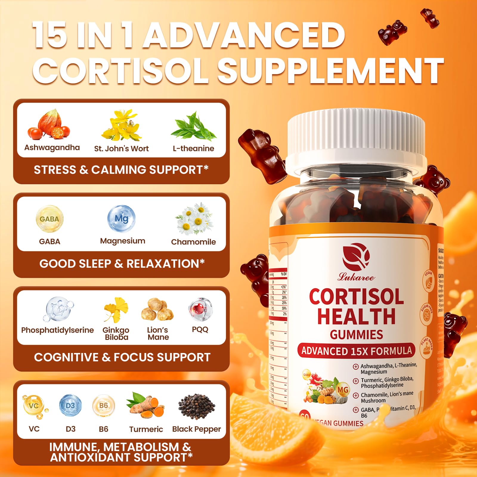Lukaree Cortisol Supplements for Women & Men, 15 in 1 Cortisol Reducer Manager, Cortisol Calm Gummies with Ashwagandha, Magnesium, L-theanine, GABA - for Mood, Focus, Sleep - Vegan Sugar Free, 60 Ct. Lukaree uk supplements