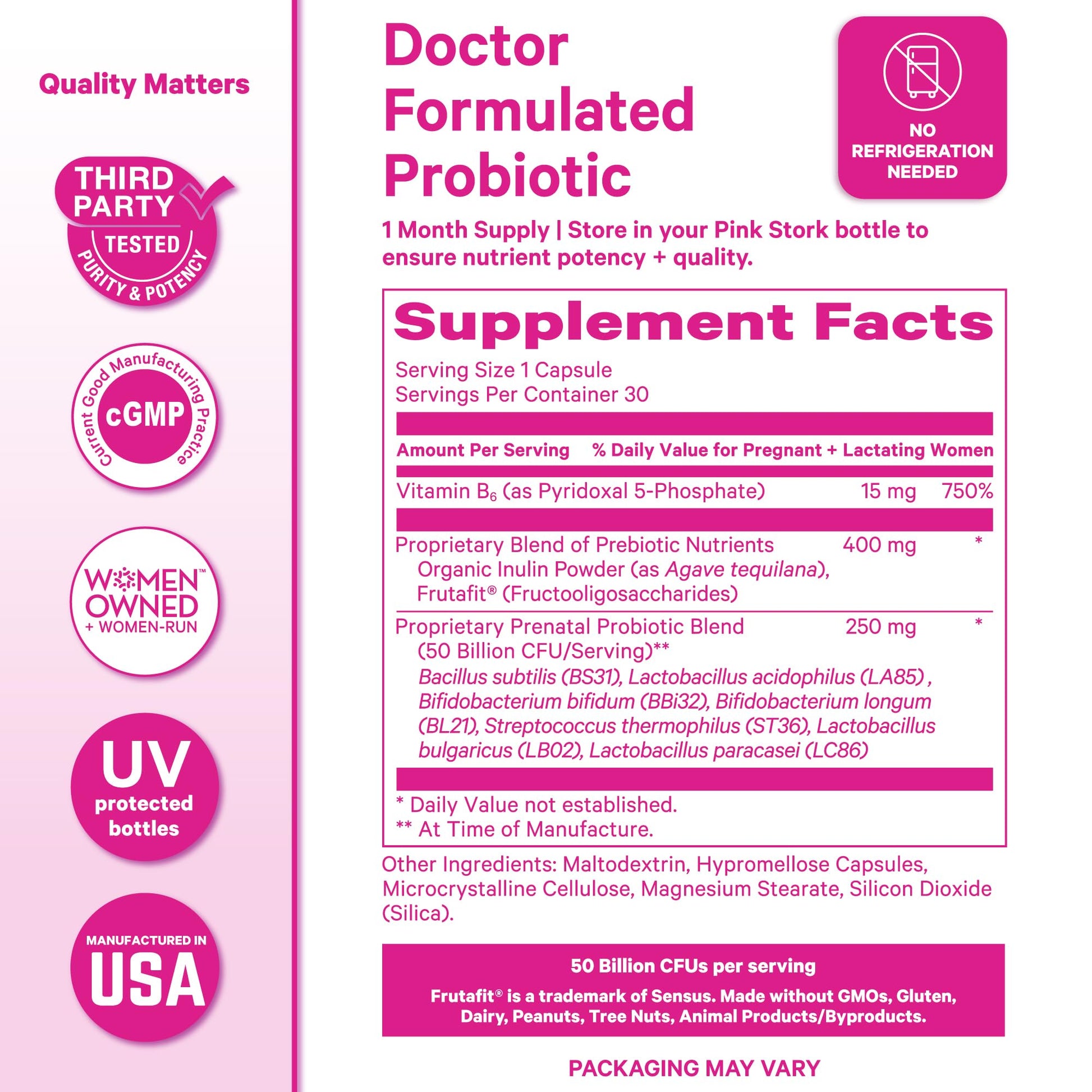 Pink Stork Prenatal Probiotic for Women with 50 Billion CFU | Vitamin B6 & Prebiotics | Pregnancy Probiotics for Morning Sickness | Digestive, Immune, & Gut Health | Vegan & Gluten-Free | 30 Capsules Pink Stork uk supplements