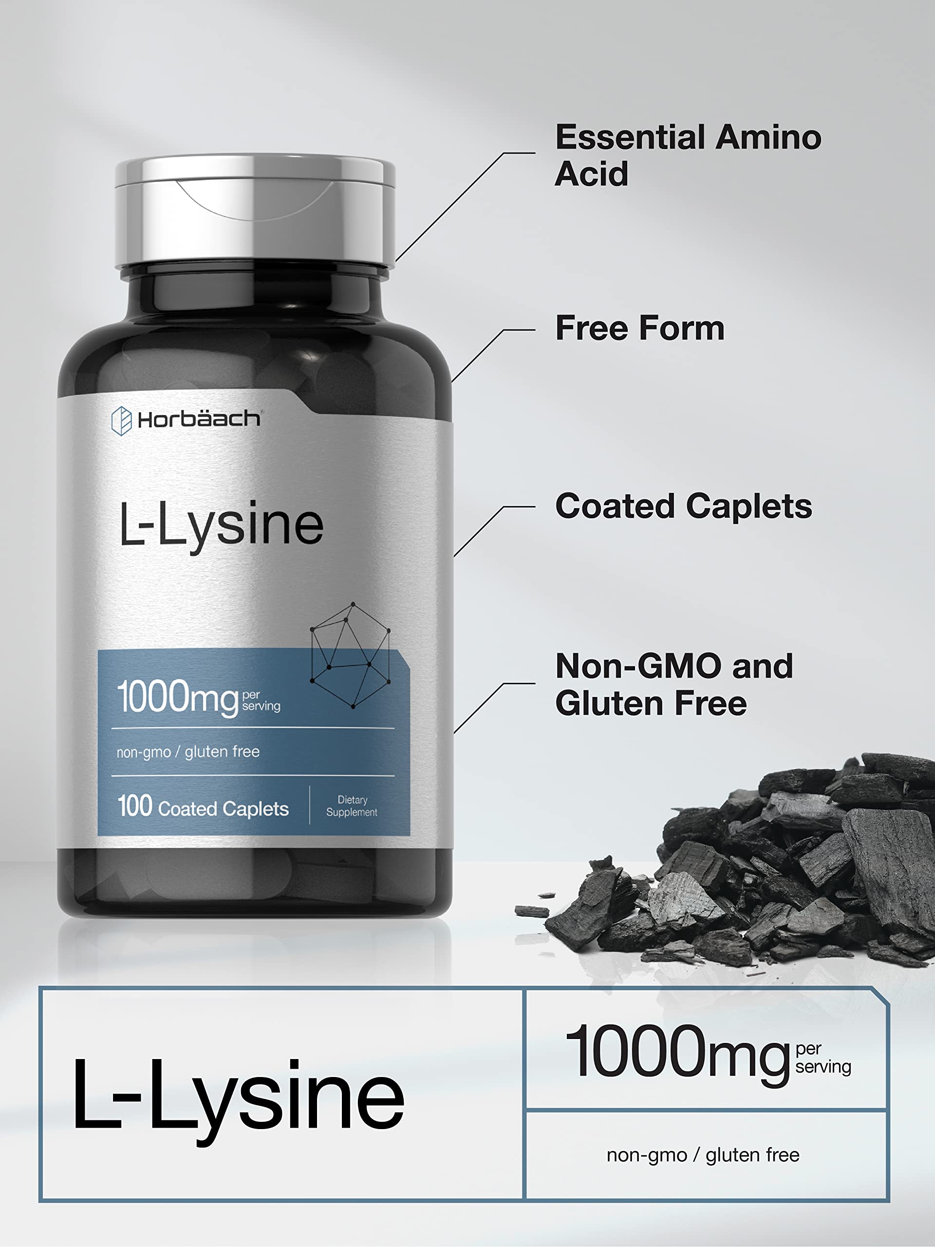 L-Lysine 1000mg | 100 Coated Caplets | Free Form Dietary Supplement | Vegetarian Horbäach uk supplements