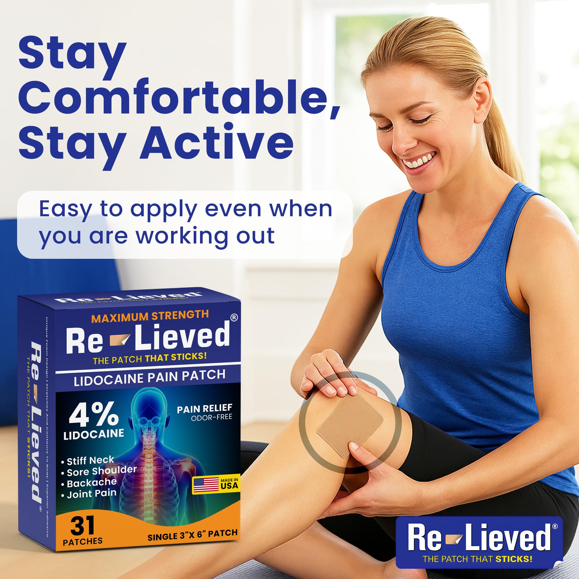 Re-Lieved 4% Lidocaine Patches Maximum Strength - Aluminum-Free, Water Resistant and USA Made -Superior Sticking Pain Relief Patches Quickly Relieves Back, Joints and Muscle Pain-3x6 Inches (31 Count) Re-lieved uk supplements