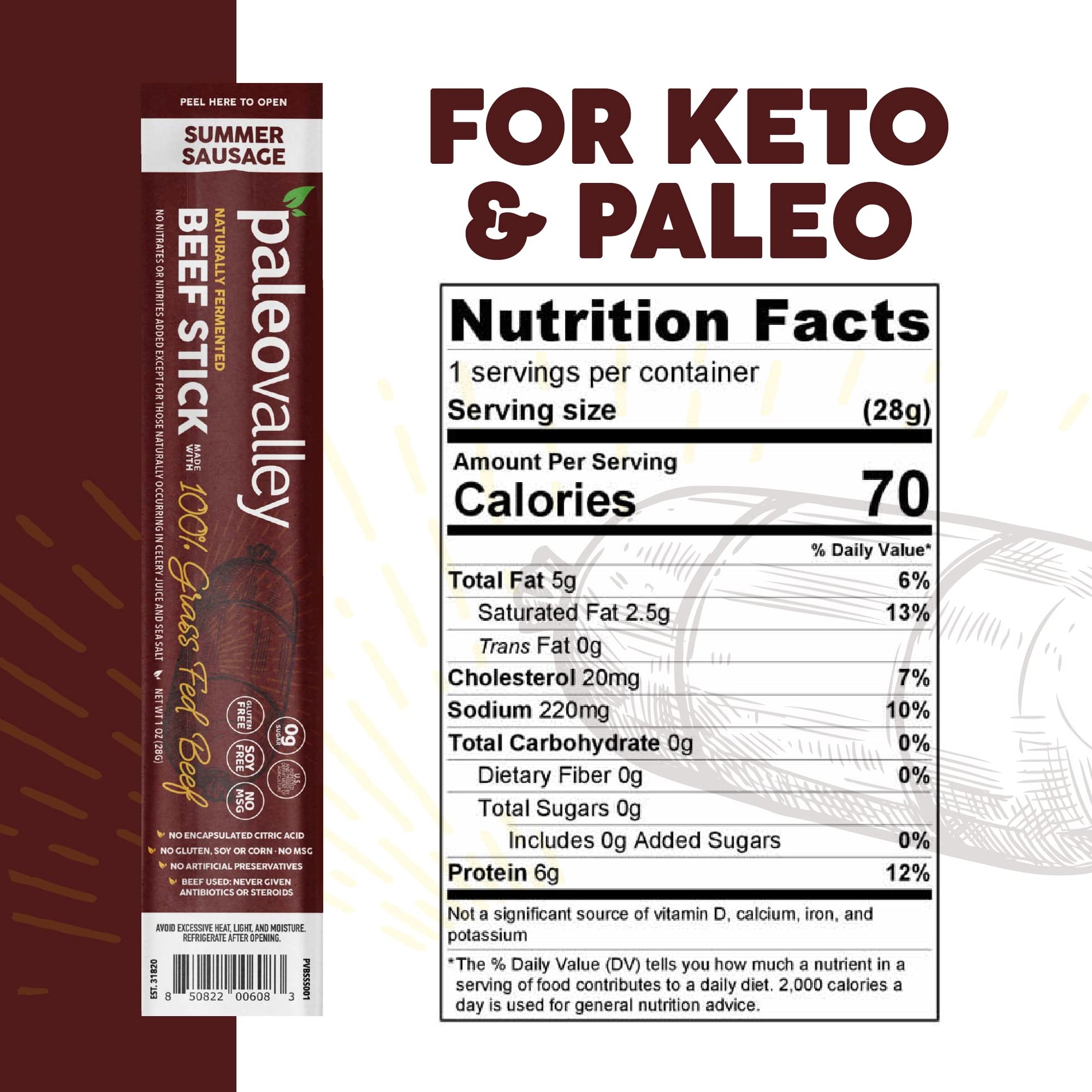 Paleovalley 100% Grass Fed Summer Sausage Beef Sticks - Delicious Gluten Free Beef Snack - High Protein Keto Friendly Paleovalley uk supplements