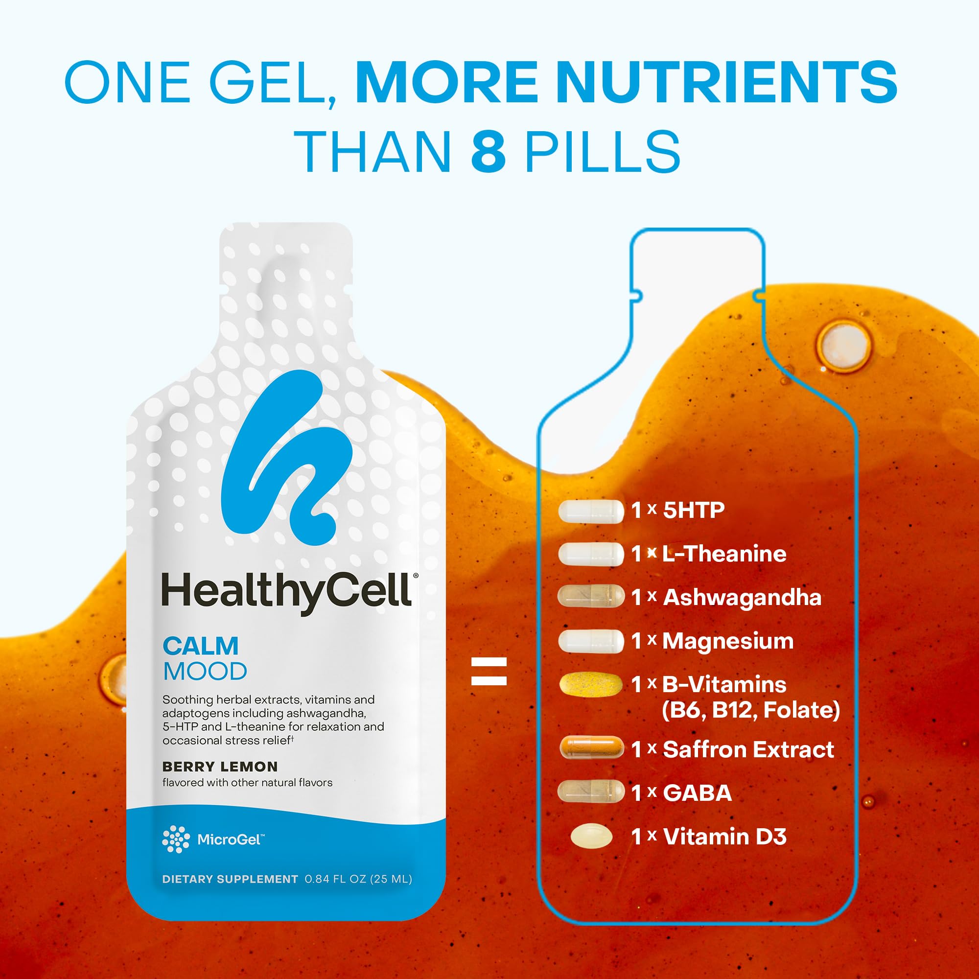 Healthycell Calm Mood Daily Liquid Supplement - Cortisol Manager & Mood Support Supplement for Stress with Ashwagandha, L-Theanine, Magnesium, 5-HTP, GABA & Saffron - 30 Gel Packs Healthycell uk supplements