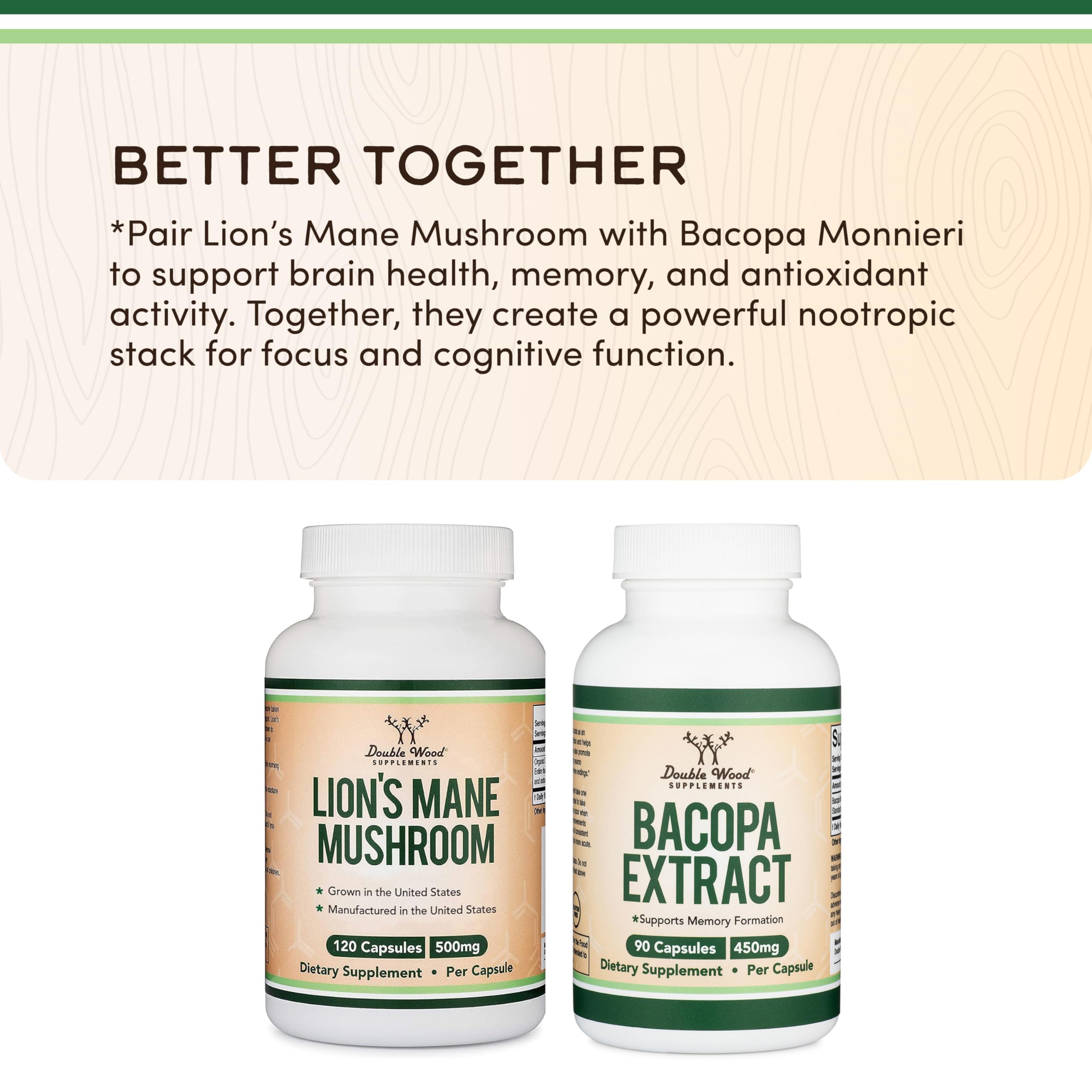 Organic Lions Mane Mushroom Capsules (120 Count), for Focus Support and Immune Health, Third Party Tested and Grown in The USA - by Double Wood Double Wood Supplements uk supplements