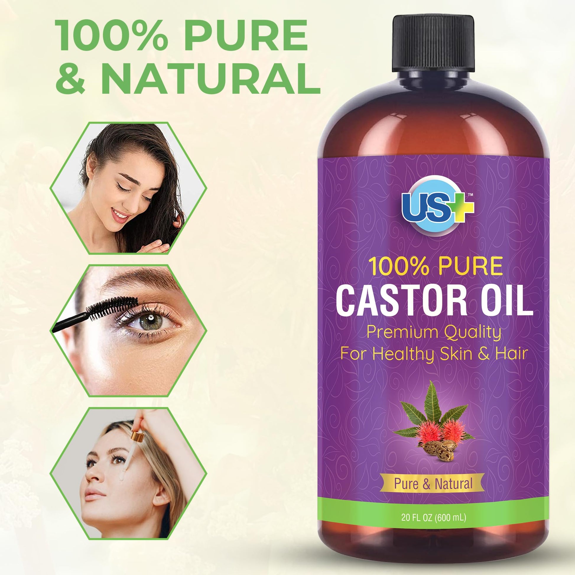 Us+ 20oz 100% Pure Castor Oil - Cold-pressed, Unrefined, Hexane-free - USP Grade - Premium Quality Us+ uk supplements