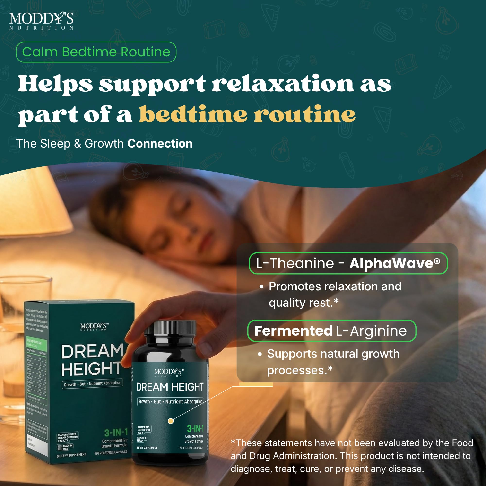 Moddy's Nutrition DreamHeight Growth Supplement for Kids & Teens, Bone, Immune & Sleep Support, Clinically Studied Formula, 120 Small Easy-to-Swallow Capsules Moddy's Nutrition uk supplements