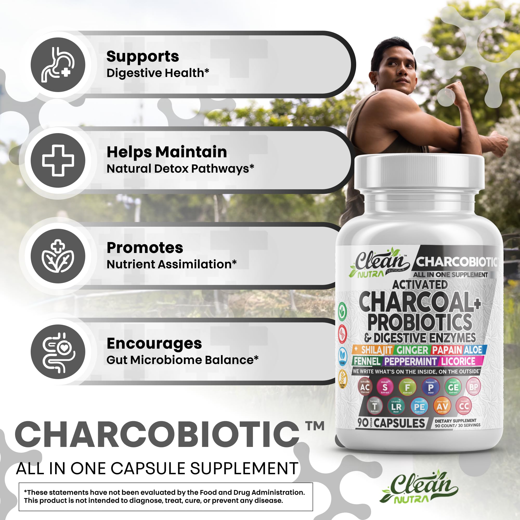 Clean Nutra Activated Charcoal Pills + Shilajit Probiotic Digestive Enzymes for Digestive Health Capsules with Peppermint Fennel Licorice Papain Ginger Turmeric Powder | Gut Health Clean Nutraceuticals uk supplements
