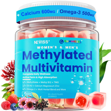 Methylated Multivitamin for Women & Men Gummies w/ Omega-3, Calcium, D3 K2, Methylfolate & B12, TMG, Daily Vitamins, Mag, CoQ10, Probiotic for 18 30 40 50 60 70+, Overall Health - Vegan, Sugar Free NEVISS uk supplements