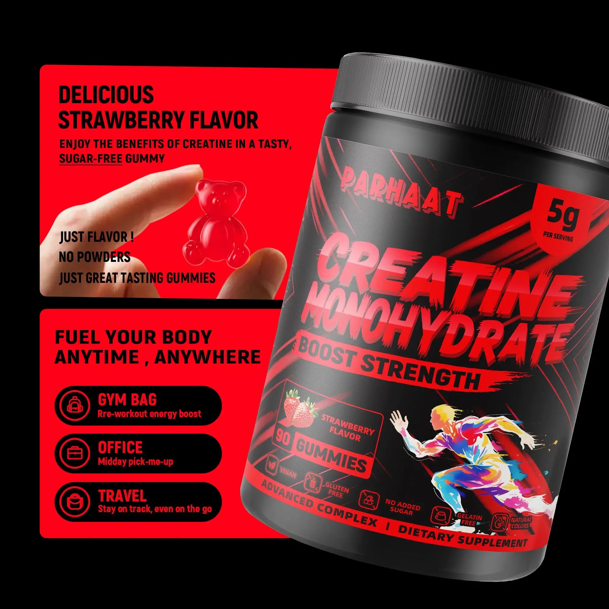 NSF Certified Creatine Gummy - Creatine Monohydrate Gummies 5g for Men & Women - Boost Focus,Strength, and Endurance, Vegan, Gluten-Free, Non-GMO, 2.5 Gram Creatine Parhaat uk supplements