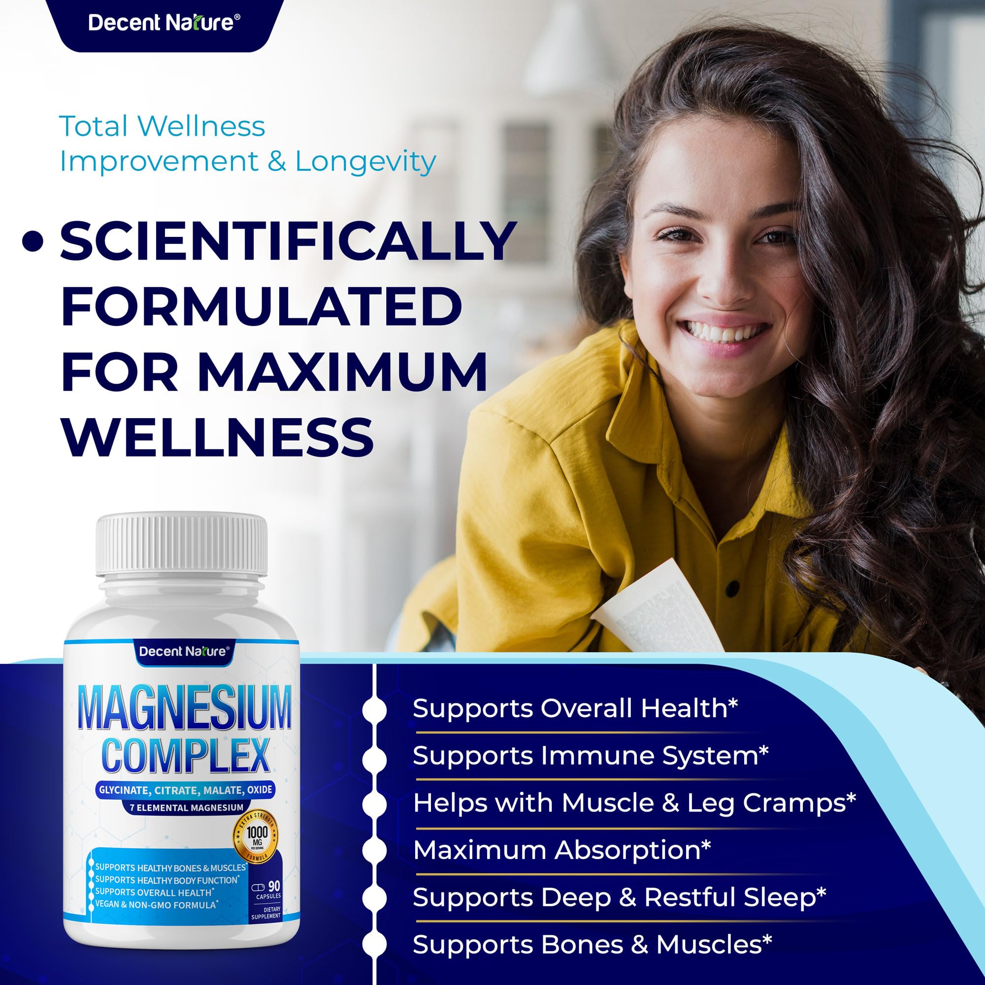 Magnesium Complex 7 Elemental Magnesium Supplement 1000mg – Magnesium Glycinate, Citrate, Malate, Taurate, Oxide, Aspartate, Orotate Non-GMO 90 Capsules DECENT NATURE uk supplements