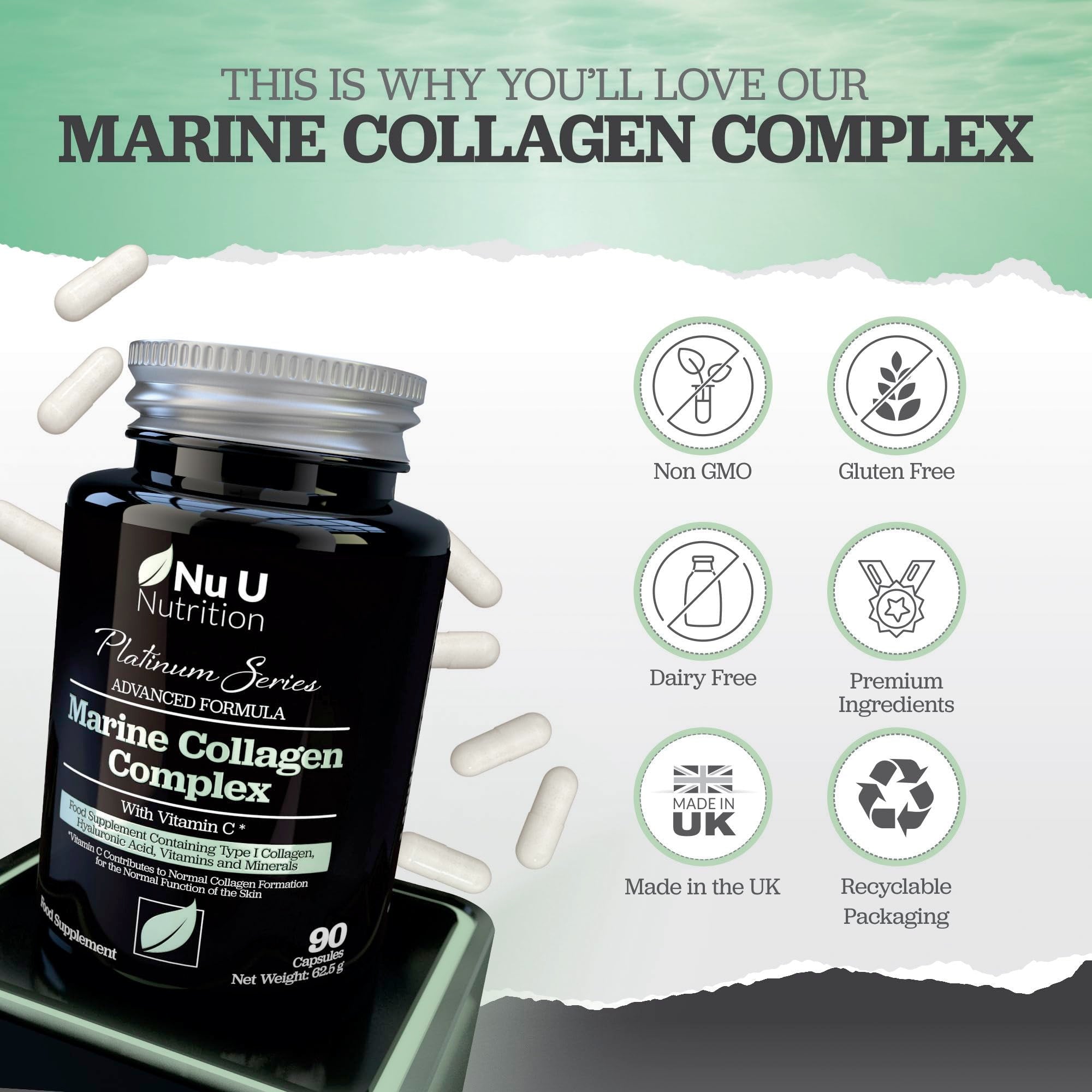 Marine Collagen with Hyaluronic Acid, Vitamin C - 90 Hydrolysed Capsules (not Tablets Nu U Nutrition uk supplements