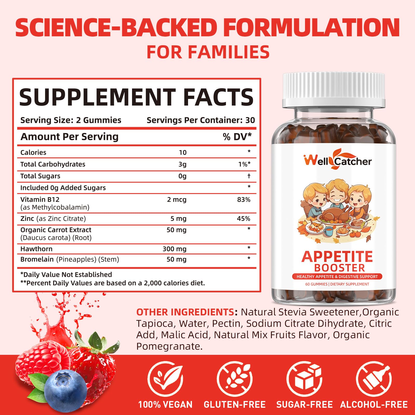 Appetite Booster Gummies for Kids Adults: Appetite Support Supplement with Bromelain Hawthorn Zinc Vitamin B12 for Healthy Digestive & Nutritional Balance, Sugar Free Mixed Fruit Flavor Vegan 30 Days Wellcatcher uk supplements