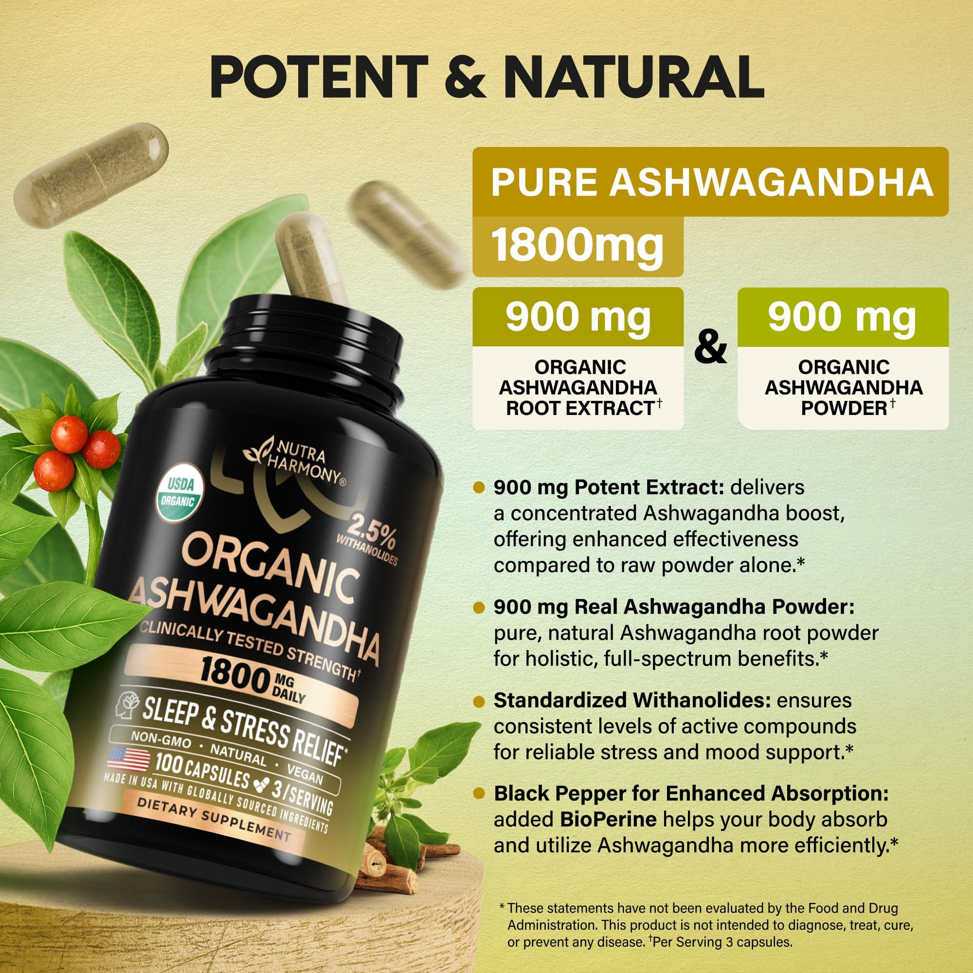 Ashwagandha Supplements 1800mg - USDA Organic Ashwagandha for Women & Men - Clinically Effective Strength for Stress Relief & Sleep - Powder & Root Extract 2.5% Withanolides - Made in USA 100 Capsules NUTRAHARMONY uk supplements