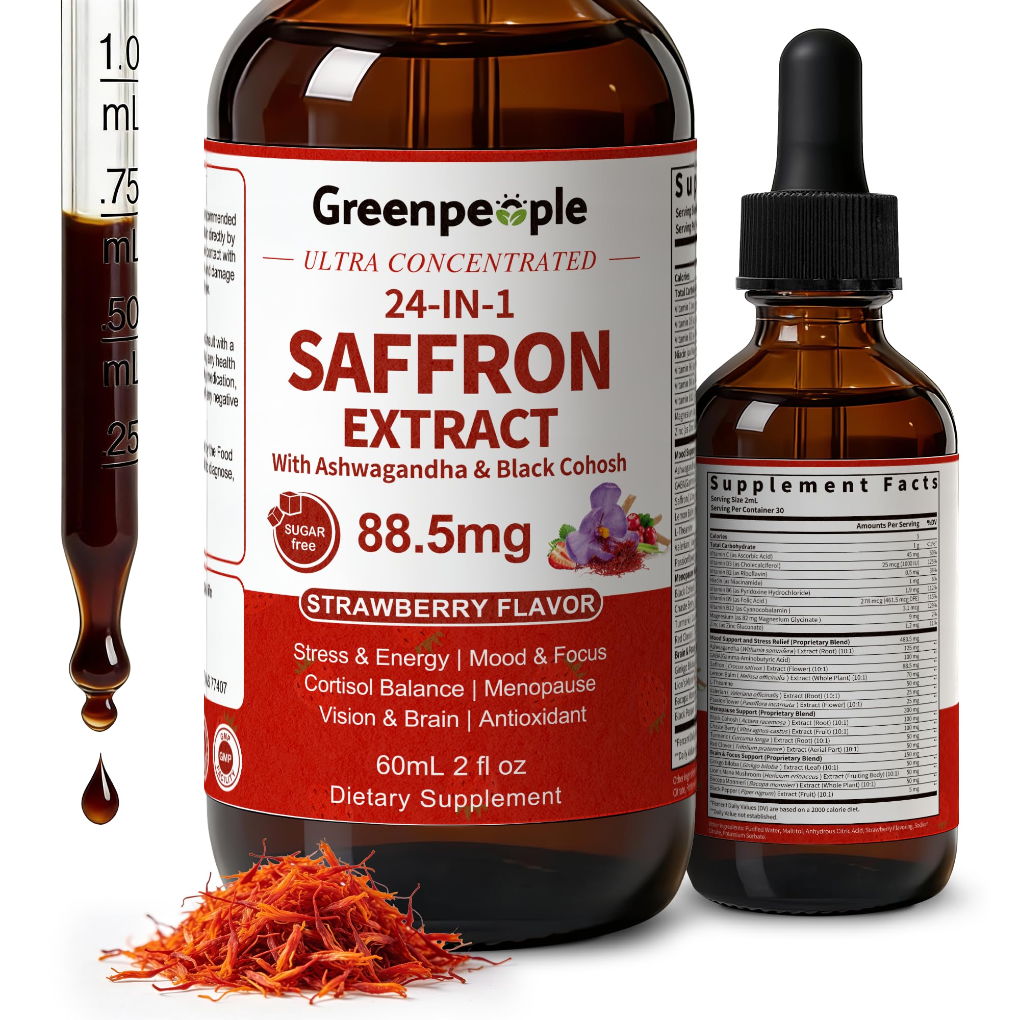 GREENPEOPLE Saffron Extract Supplements Drop - 24-in-1 88.5mg Saffron Extract with Ashwagandha,Black Cohosh & Lion's Mane for Mood&Focus,Stress Relief,Cortisol Reducer,Menopause – Vegan 2FL OZ GREENPEOPLE uk supplements