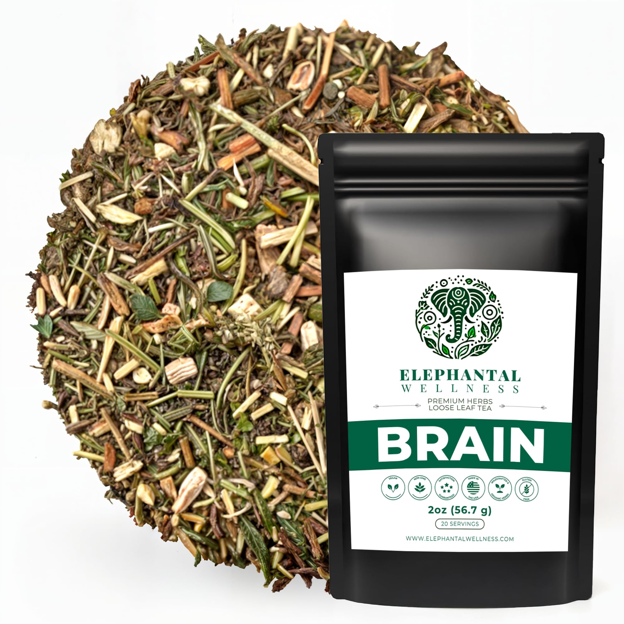 Elephantal Wellness Premium Brain Herbal Tea | Nootropic Focus & Mental Clarity with Ginkgo, Bacopa, Gotu Kola & Rosemary | Non-GMO, Caffeine-Free Coffee Alternative, Handmade Loose Leaf Blend, 2oz Loose Leaf, 20 Servings Elephantal Wellness uk supplements