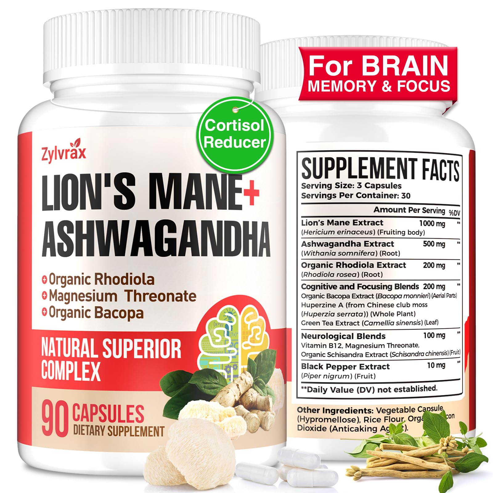 Ashwagandha & Lions Mane Supplements Capsules, Brain Supplements for Memory and Focus, Ashwagandha with Rhodiola Rosea for Cognitive, Immune Support, Cortisol Supplements for Women, 90 Capsules Zylvrax uk supplements