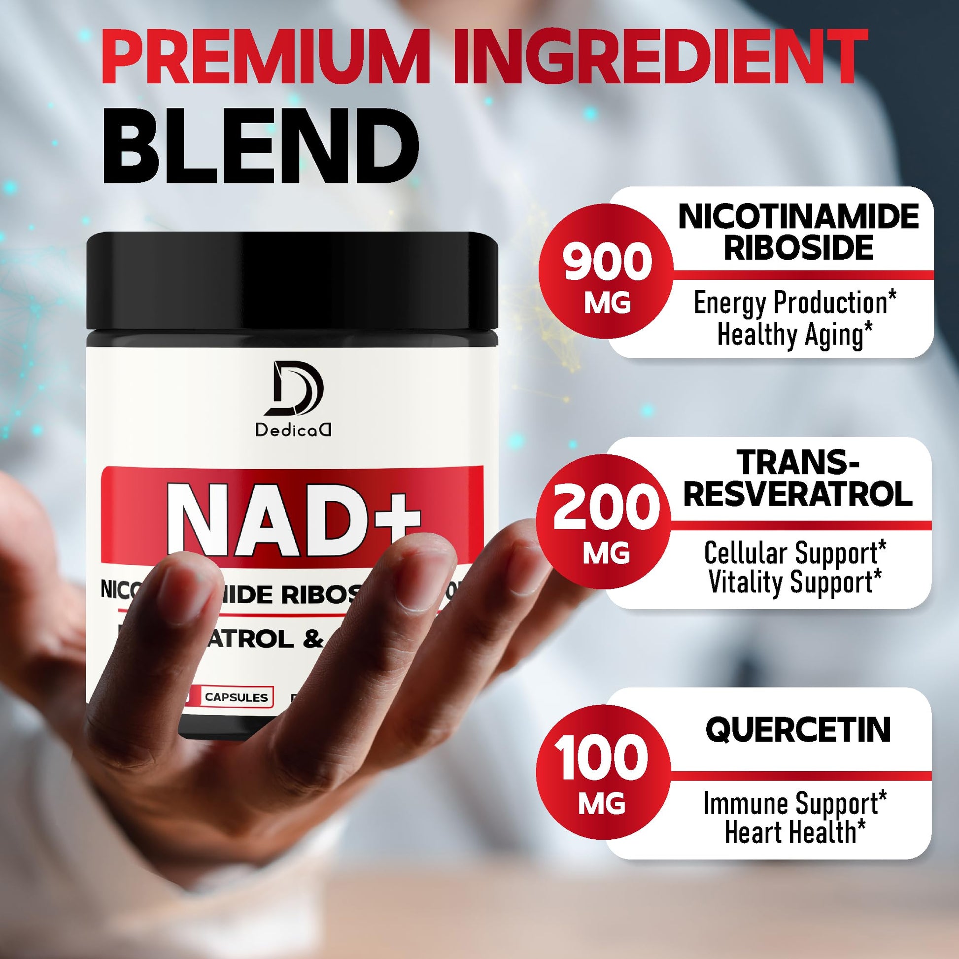 DEDICAD NAD Supplement with Nicotinamide Riboside, Trans-Resveratrol, Quercetin - Cellular Energy & Repair, Vitality, Healthy Aging - 60 Count DEDICAD uk supplements