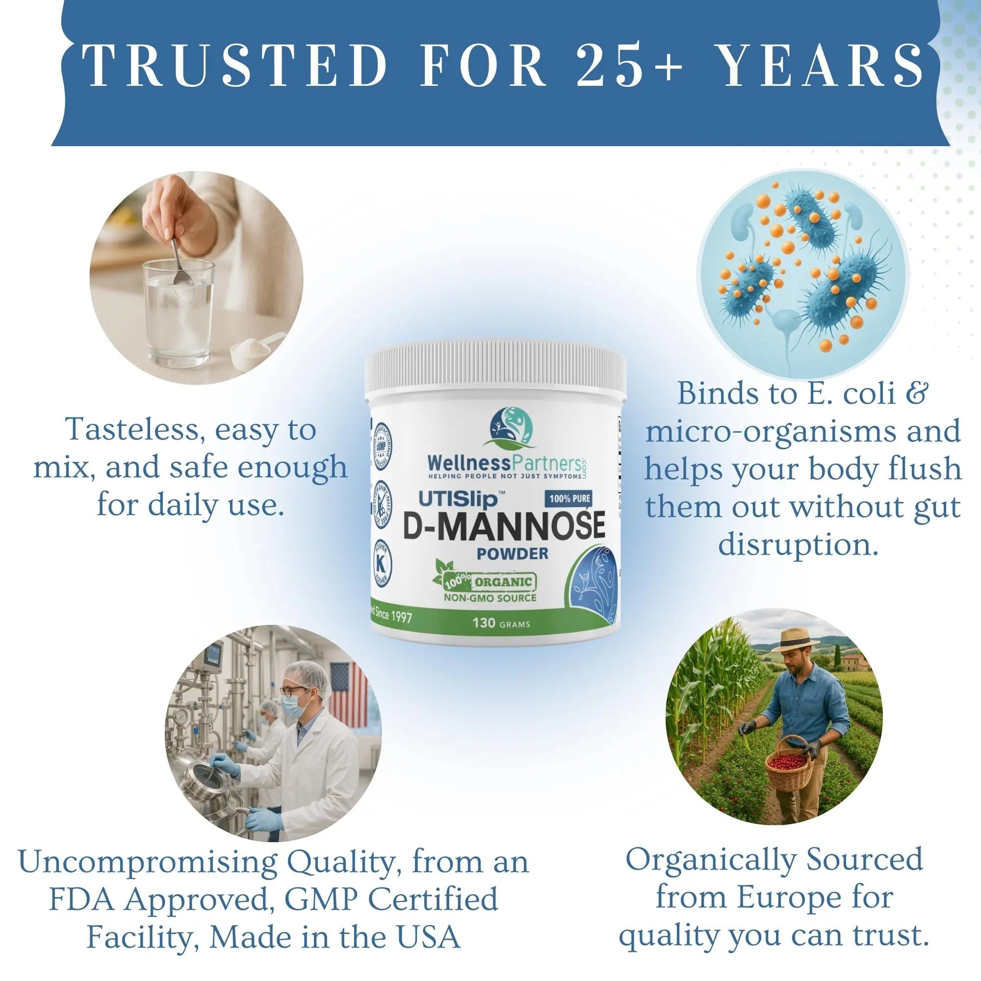Now New UTI-Slip D Mannose Non GMO Organic Source Powder 130g jar. WellnessPartners uk supplements