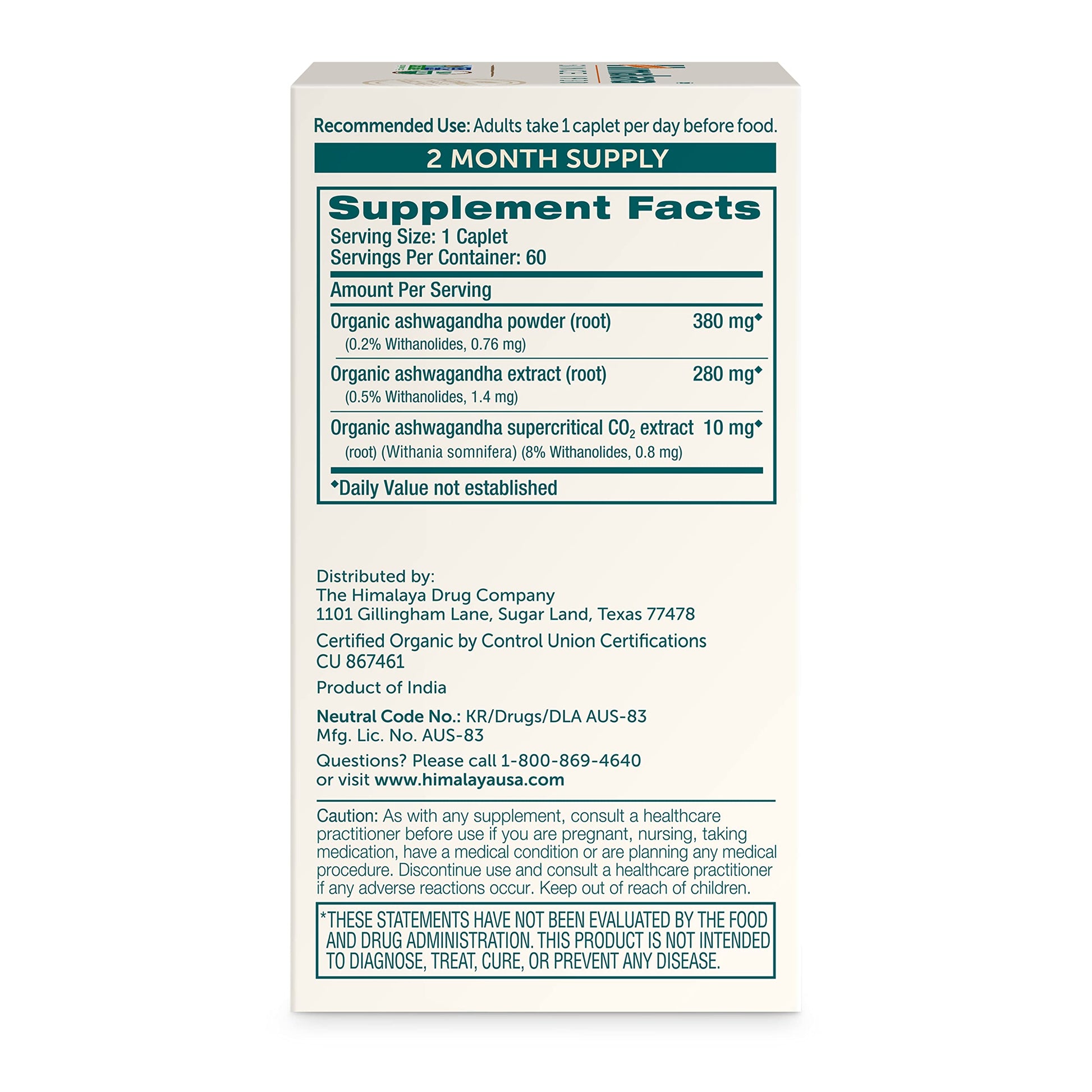 Himalaya Organic Ashwagandha Root - Adrenal Support, Stress Relief, Vegan, Non-GMO - 670 mg, 60 Caplets Himalaya uk supplements