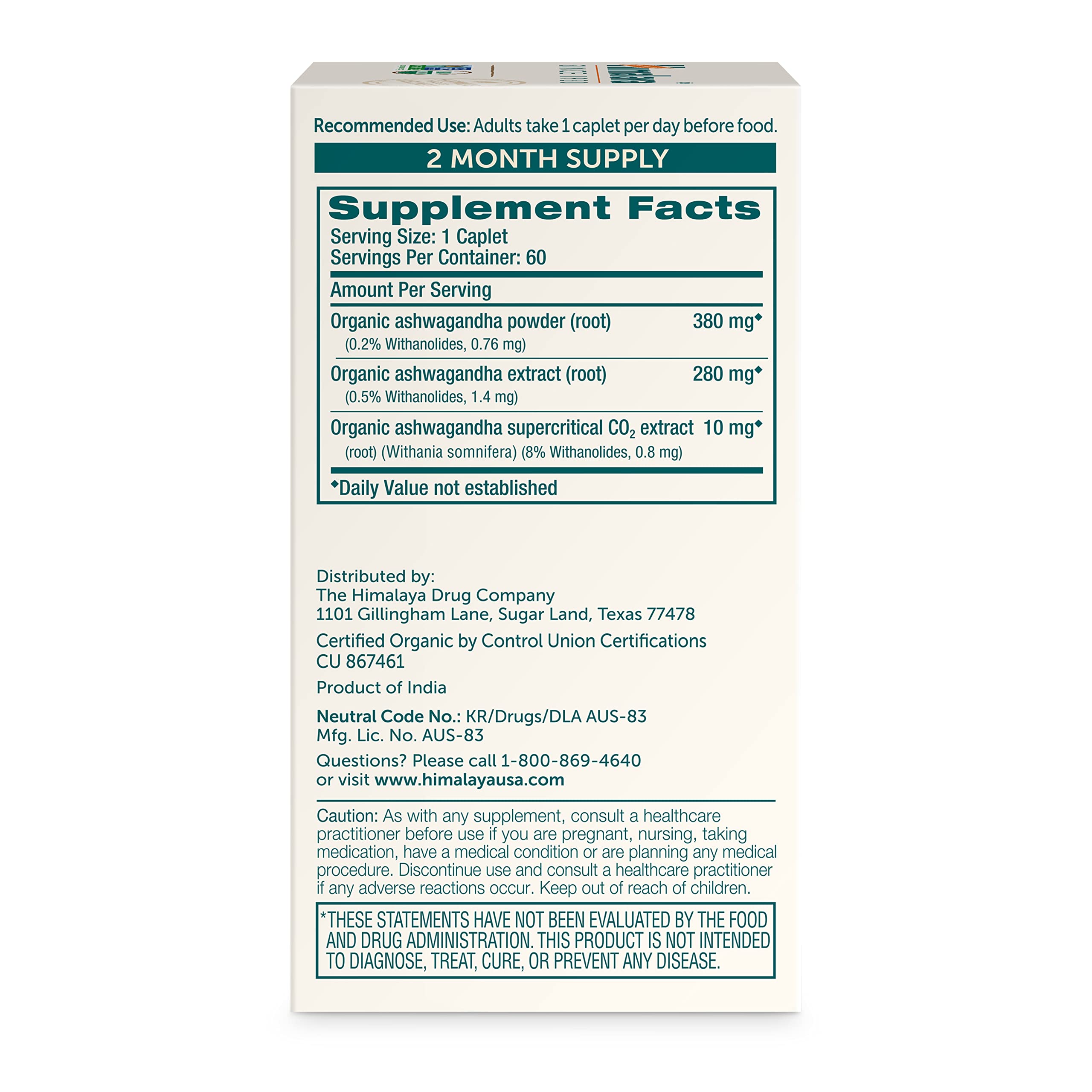 Himalaya Organic Ashwagandha Root - Adrenal Support, Stress Relief, Vegan, Non-GMO - 670 mg, 60 Caplets Himalaya uk supplements