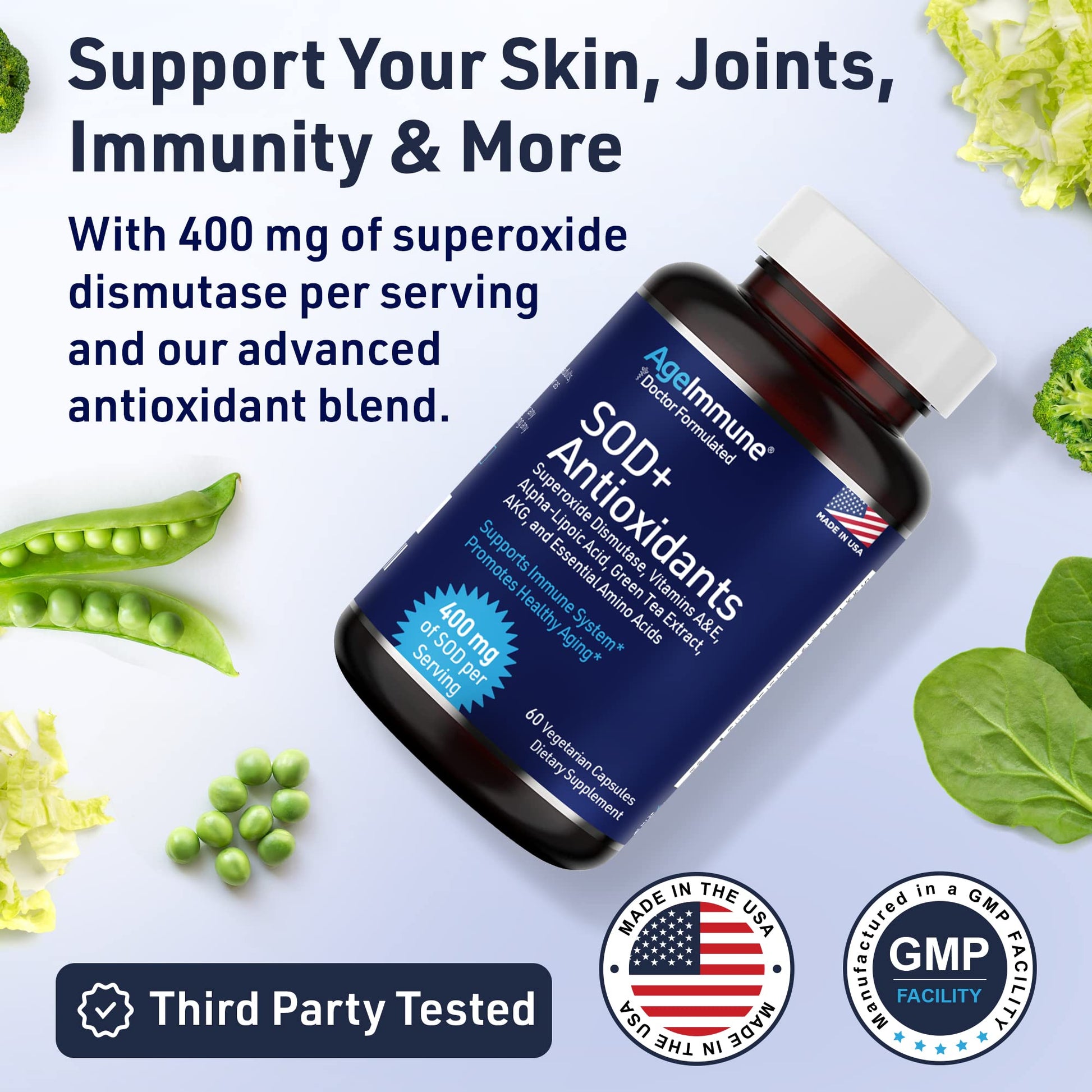 SOD Antioxidants Complex Healthy Aging Supplement - 400mg of Superoxide Dismutase - Alpha Lipoic Acid - L-Arginine -Lysine - AKG - Vitamin A - Vitamin E for Immune Support-60 Capsules AgeImmune uk supplements