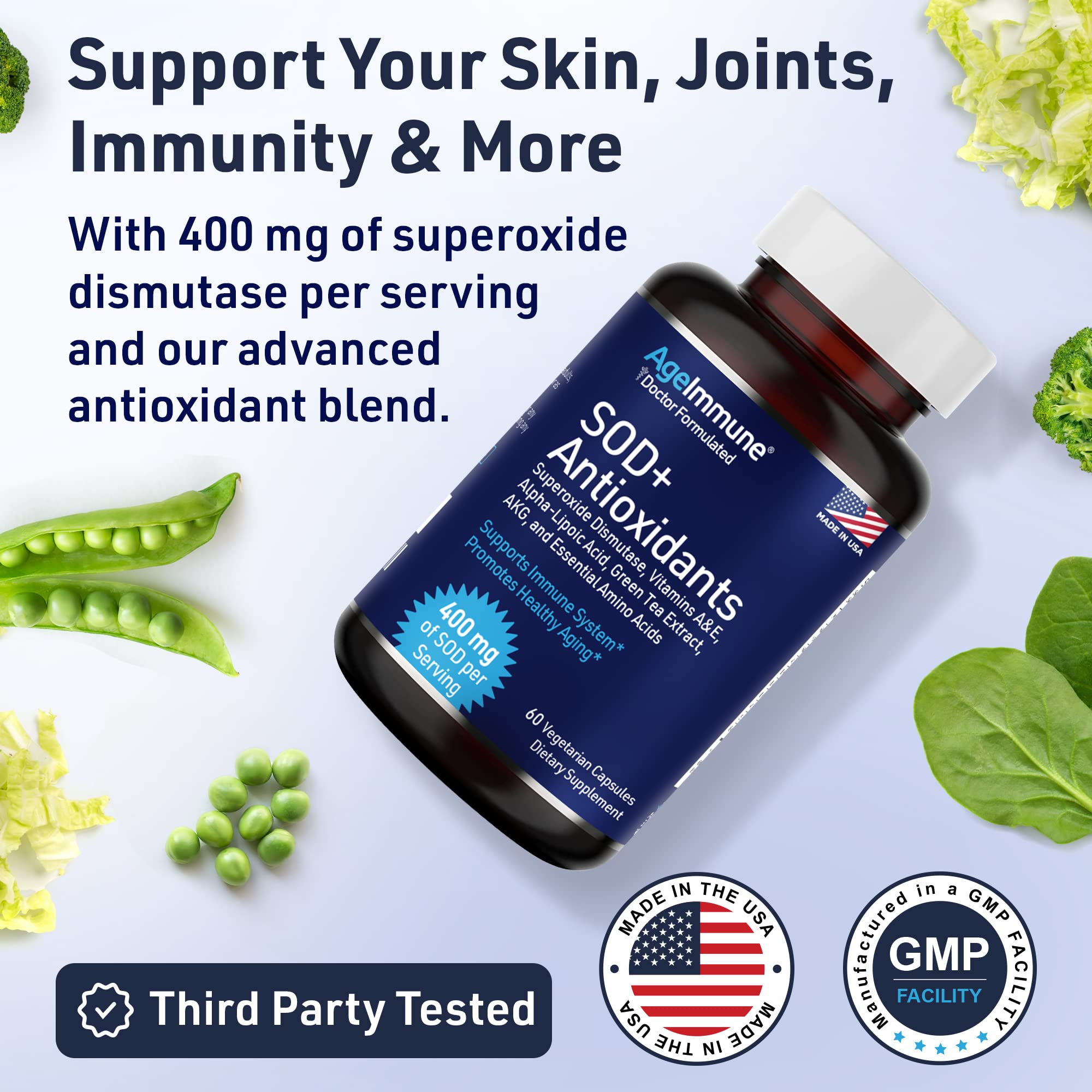 SOD Antioxidants Complex Healthy Aging Supplement - 400mg of Superoxide Dismutase - Alpha Lipoic Acid - L-Arginine -Lysine - AKG - Vitamin A - Vitamin E for Immune Support-60 Capsules AgeImmune uk supplements