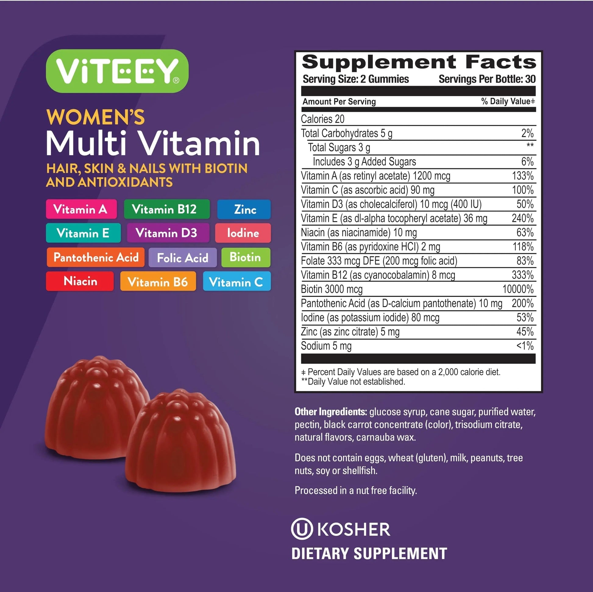 Viteey Womens Multivitamin Gummies - Immune Support - 12 in 1 Essential Vitamins & Minerals - Vitamin A, C, D3, E, B6, B12, Folic Acid, Biotin, Calcium Viteey uk supplements