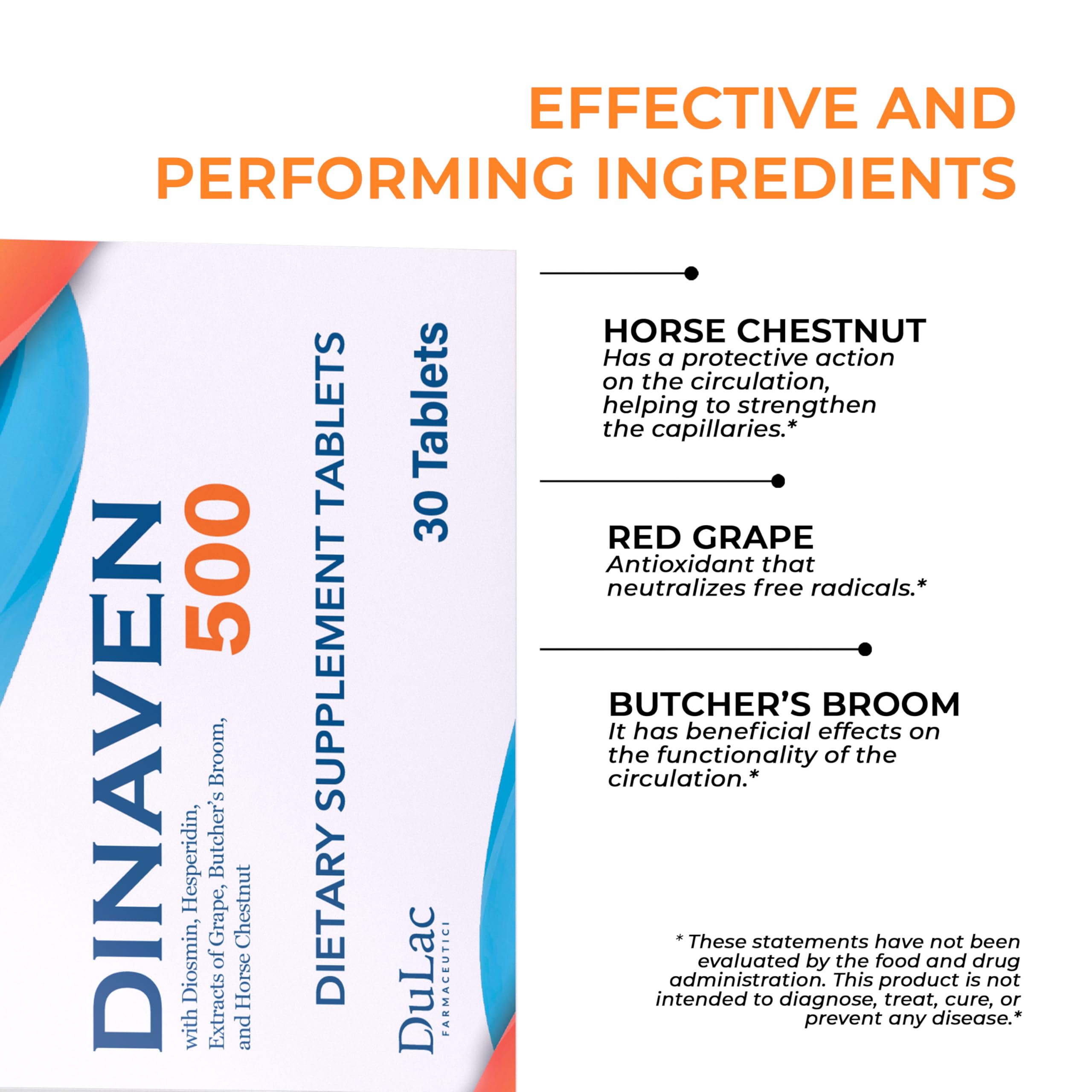 Dulac Dinaven 500, Micronized Diosmin Hesperidin Dietary Supplement 1000mg per serving, Horse Chestnut Extract, Butcher’s Broom & Red Grape Extract, Leg Circulation Support, 30 Tablets, Made in Italy DULÀC FARMACEUTICI 1982 uk supplements