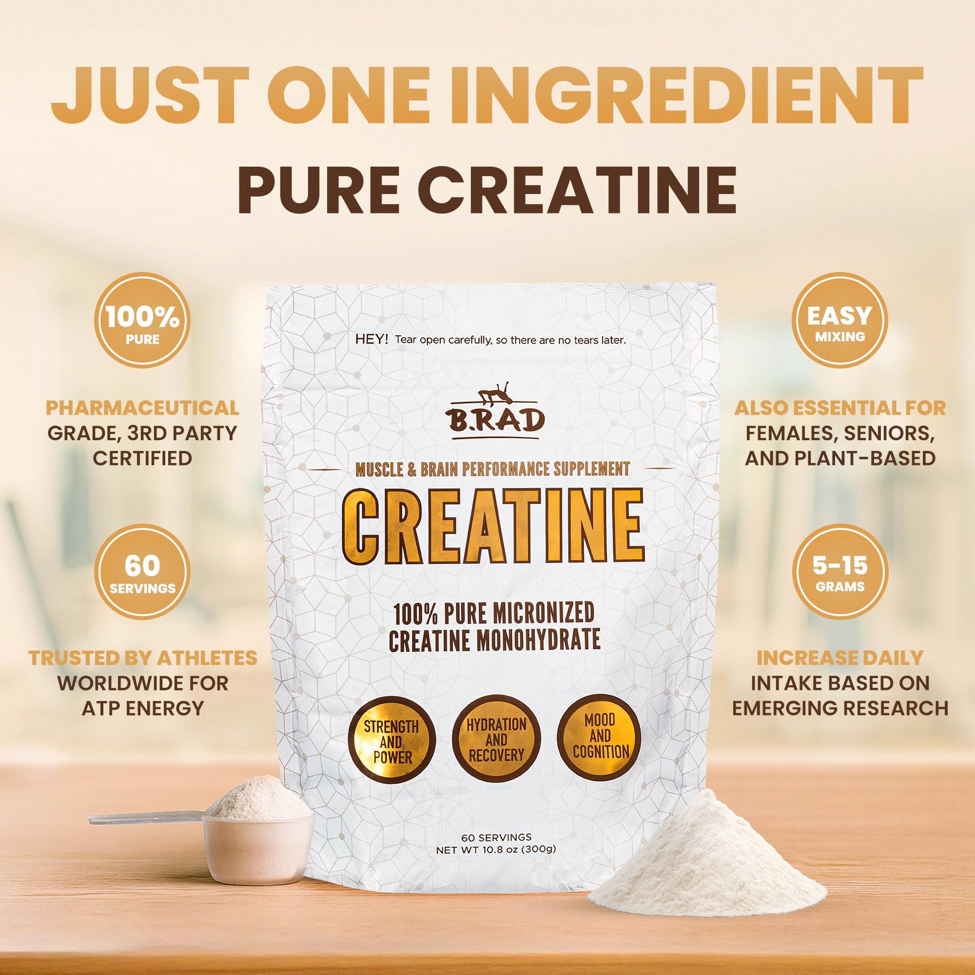 B.rad 100% Pure Micronized Creatine Monohydrate Powder | Natural, No Additives | Boosts Muscle Strength, Recovery & Performance | Supports Brain Health | 300g, 60 Servings B.rad uk supplements