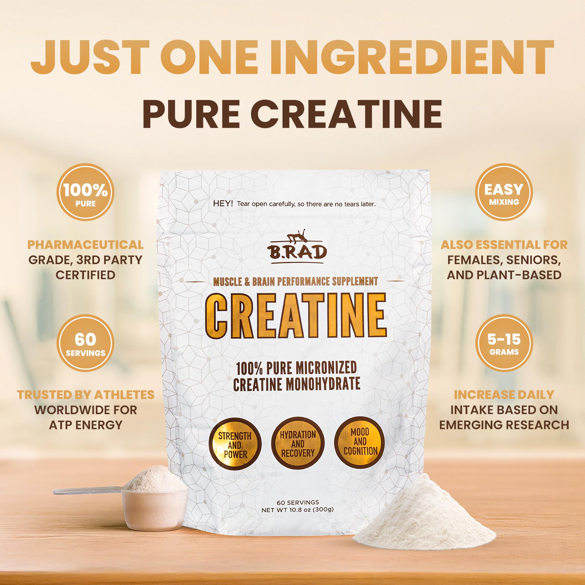 B.rad 100% Pure Micronized Creatine Monohydrate Powder | Natural, No Additives | Boosts Muscle Strength, Recovery & Performance | Supports Brain Health | 300g, 60 Servings B.rad uk supplements