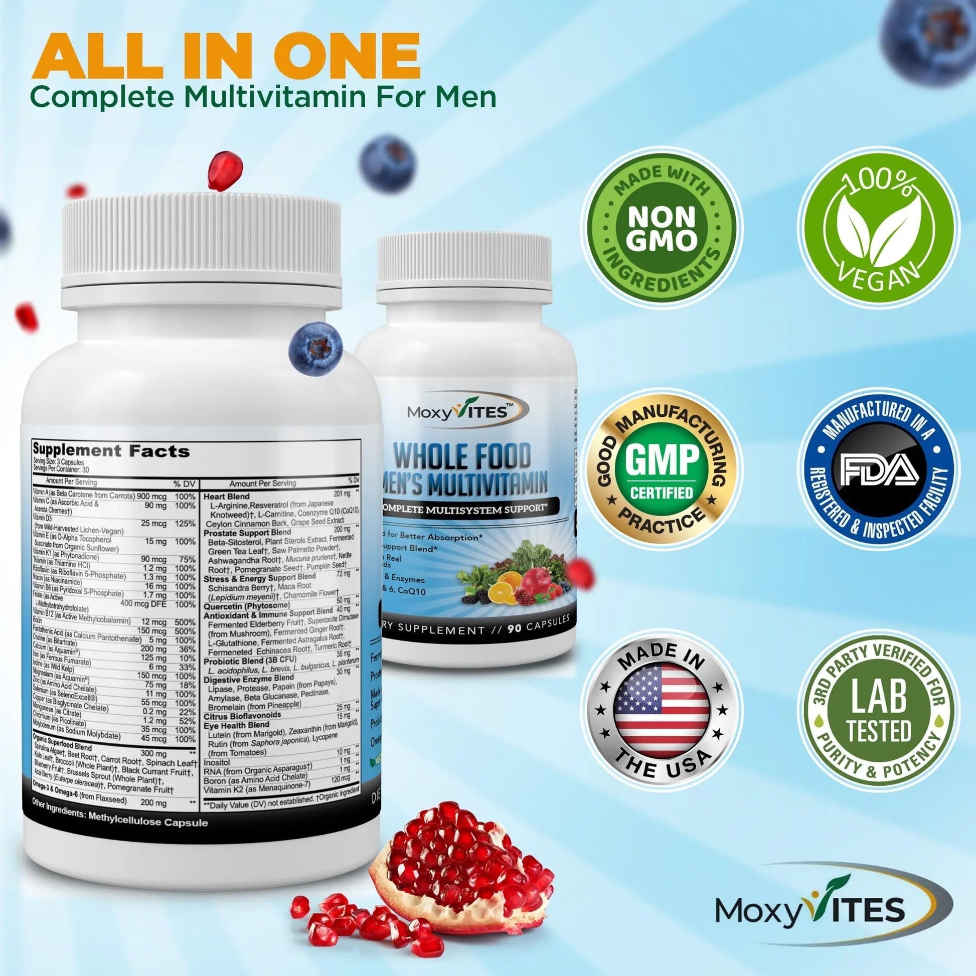 Methylated Mens Multivitamins - Daily Mens Vitamins with 44 Organic Whole Food - Multivitamin for Men with Iron & Fermented Nutrients MoxyVites uk supplements